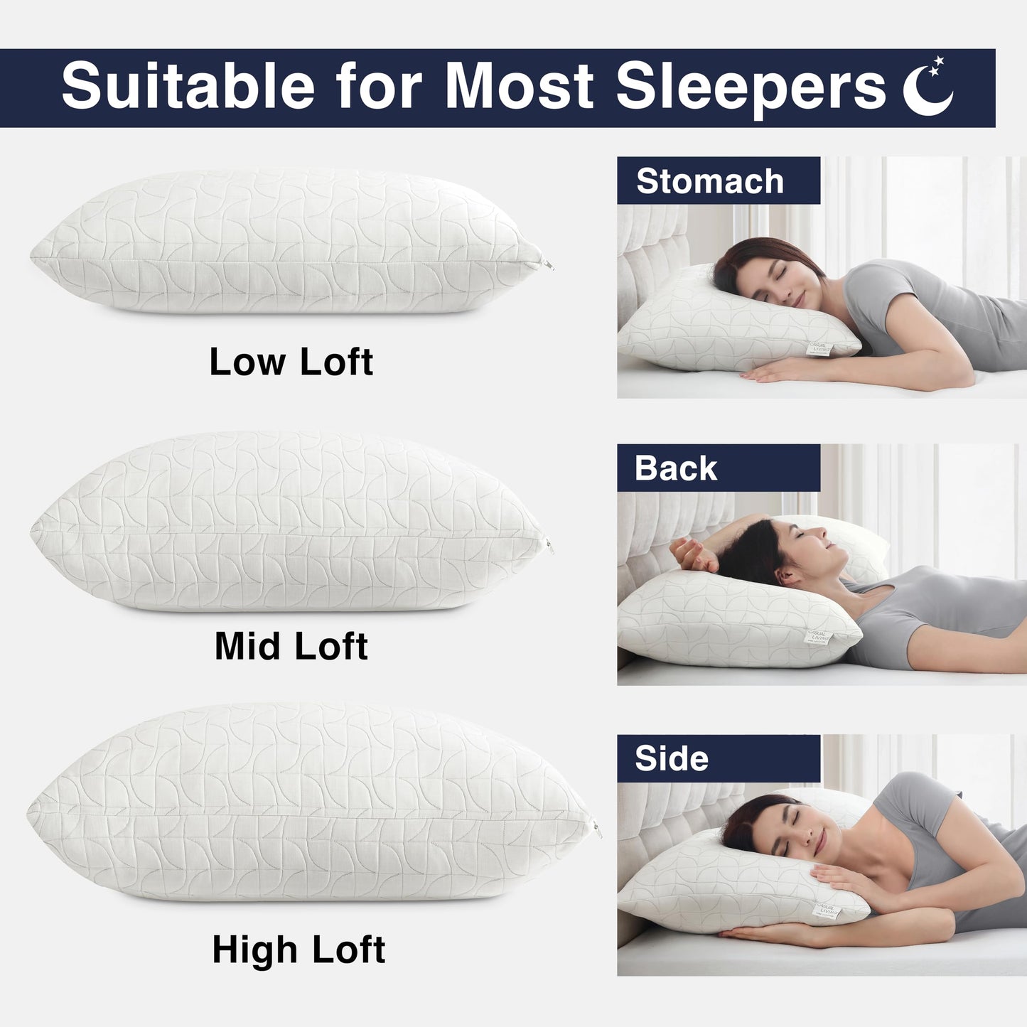 Cooling Pillows Set of 2 Crushed Foam with Extra Fill Hypoallergenic Washable Removable Cover for Side Back and Stomach Sleepers Dorm Essential by Casual Living, Standard Size 48-cm x 63-cm, White