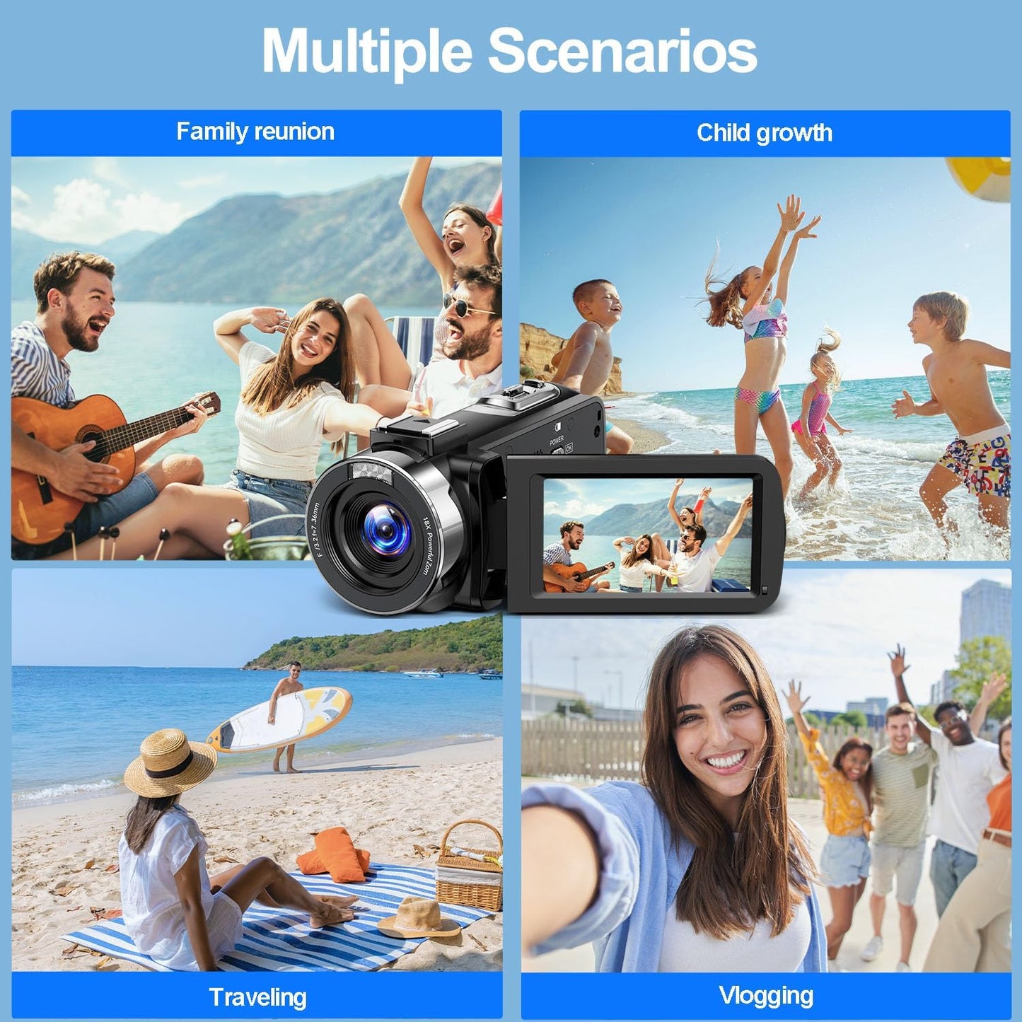 Camcorder 4K 30fps Video Camera 42MP YouTube Vlogging Camera 18x Digital Zoom Cam Corder with 3.0" 270° Rotation Screen Remote Control 32G SD Card 2 Batteries for Wedding Travel