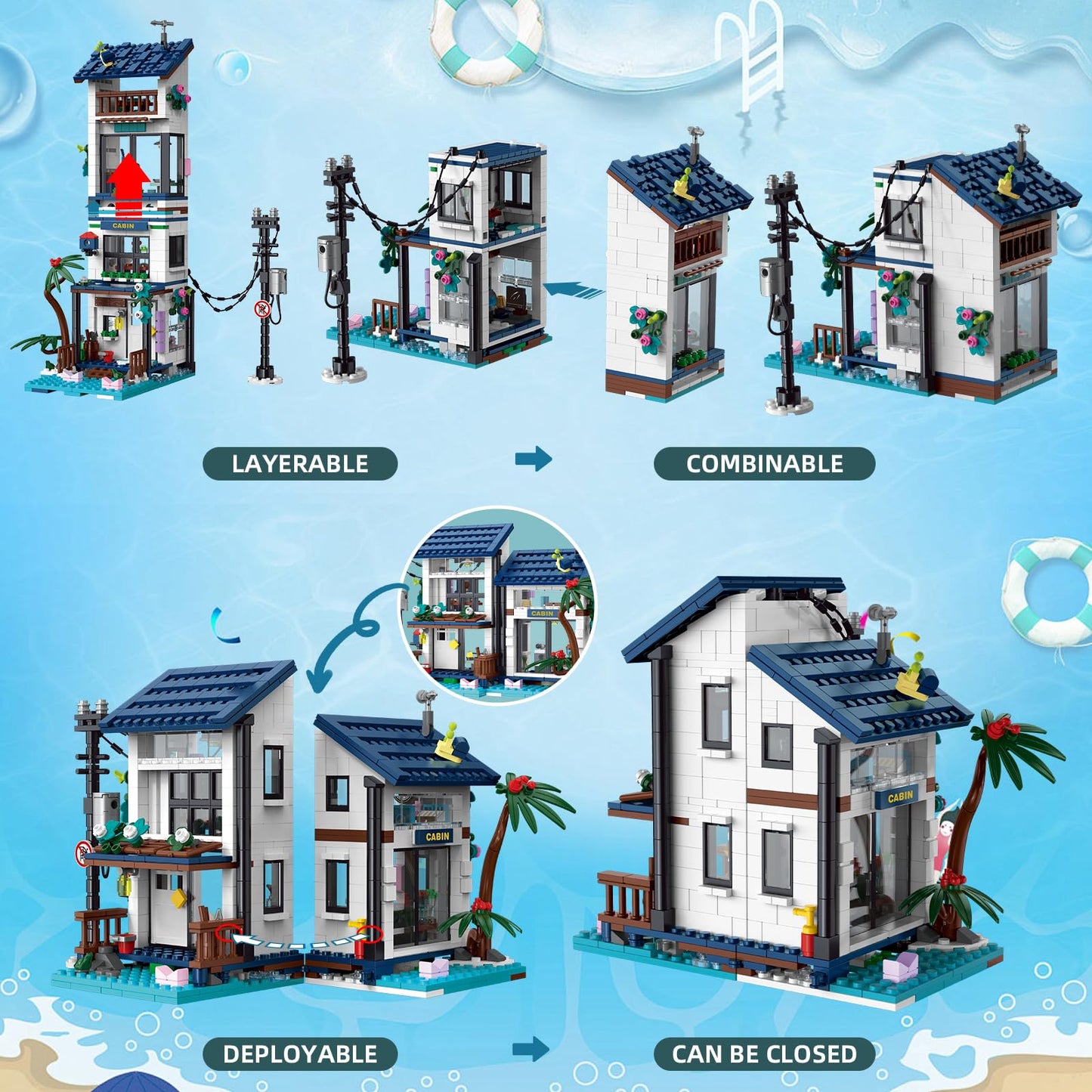 3 in 1 Vacation Beach House Building Set, Compatible with Friends Seaside Villa, Construction Educational Toy with Light, Birthday Gift for Kids Girls Aged 8-12 (813 PCS)