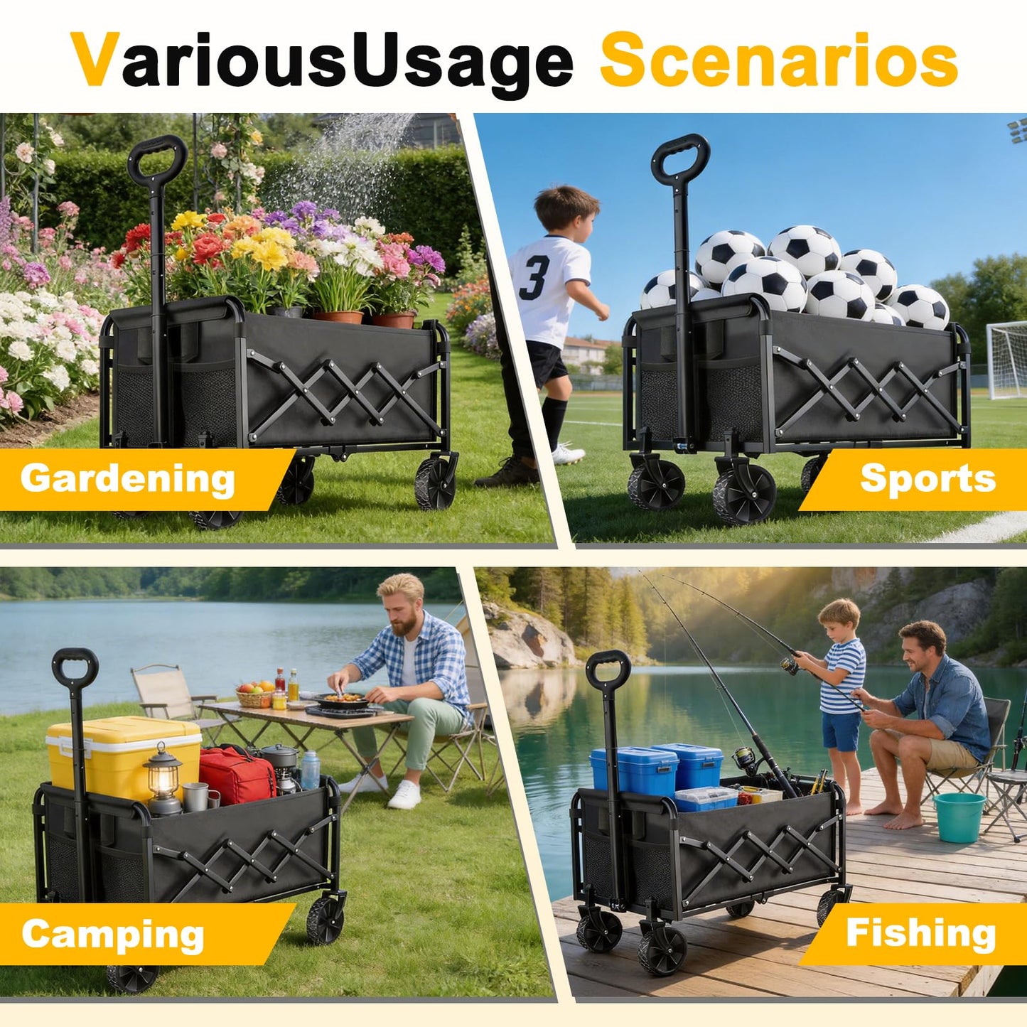 Collapsible Wagon Cart Heavy Duty - 280LBS Lightweight Portable Folding Wagon for Groceries with All-Terrain Wheels & Foldable Cart for Beach, Shopping & Camping