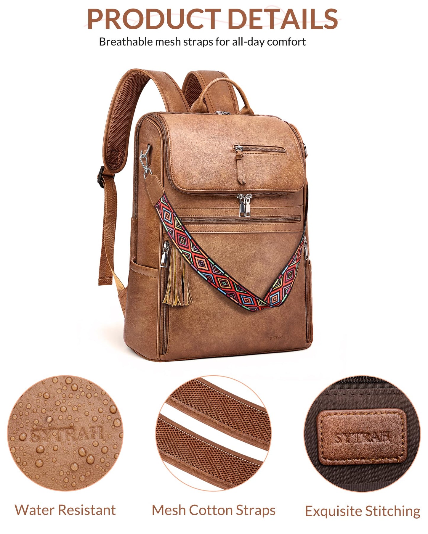 SYTRAH Leather Laptop Backpack for Women Designer Laptop Bag, 16.5 inch Travel Computer Backpacks Purse with Tassel for Work Business Brown
