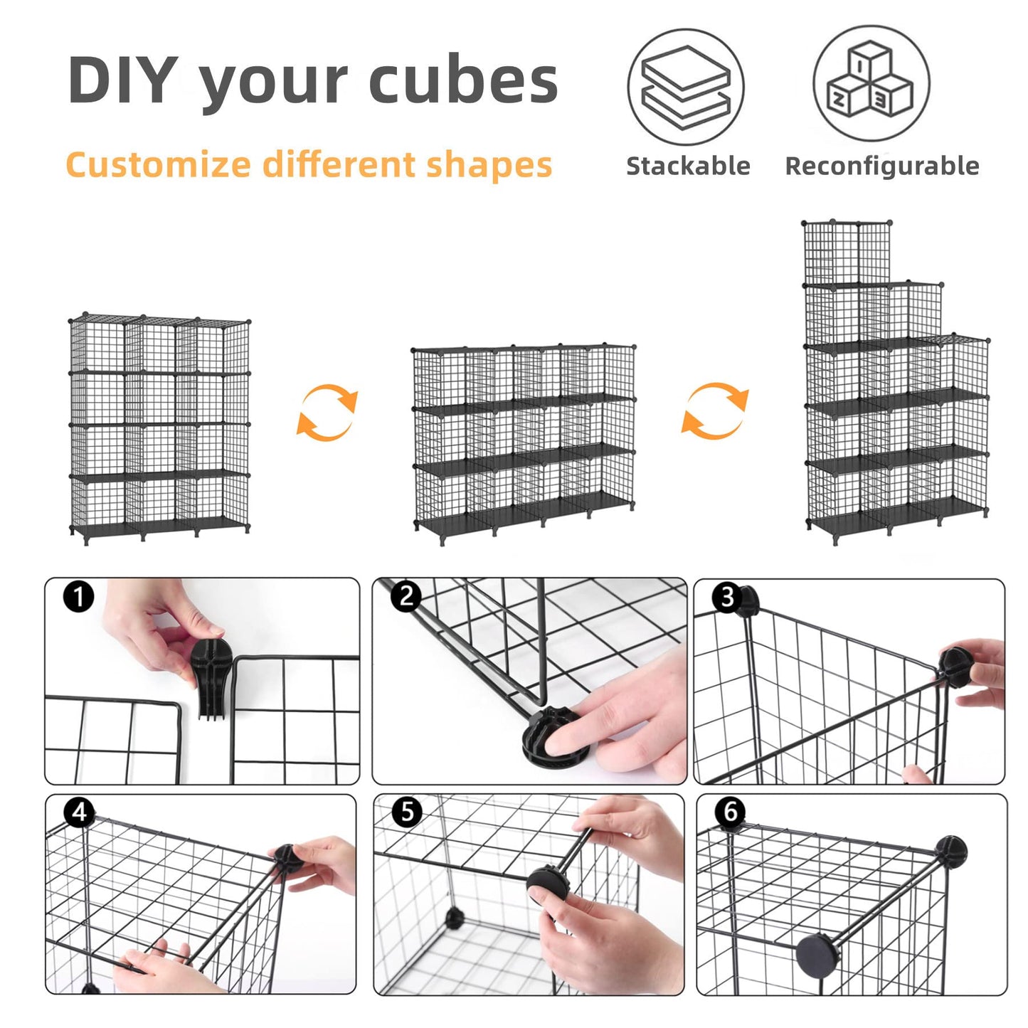 AWTATOS Wire Storage Cubes Closet Shelves Organizer 12 Cube Wire Grids Storage Shelves Metal Cube Storage Organizer Shelving Modular Bookshelf Stackable Bins Shelf for Bedroom, Office, Black