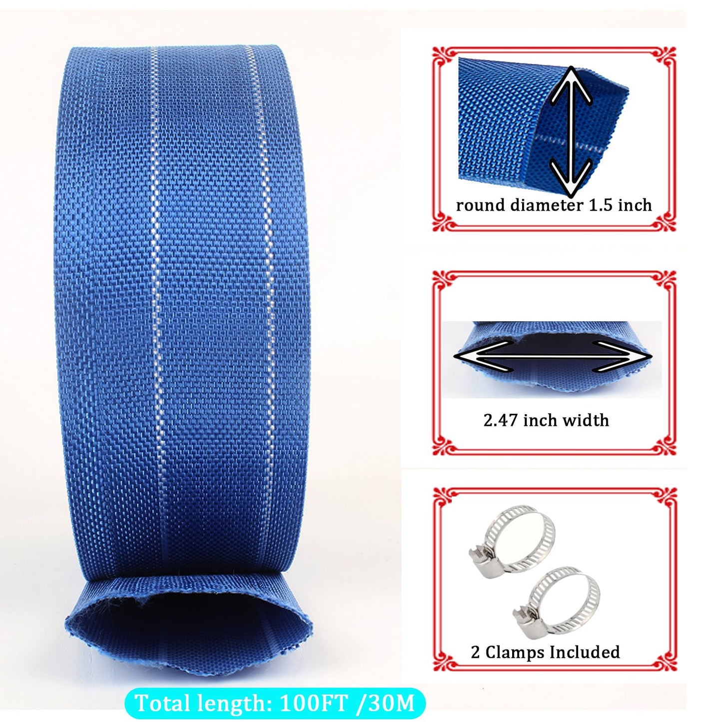 Pool Backwash Hose, Heavy-Duty PVC Hose, Lay Flat Discharge Hose,Flexible Sump Pump Drain Pipe for Swimming Pool Drain (1.5 in x 100 ft)