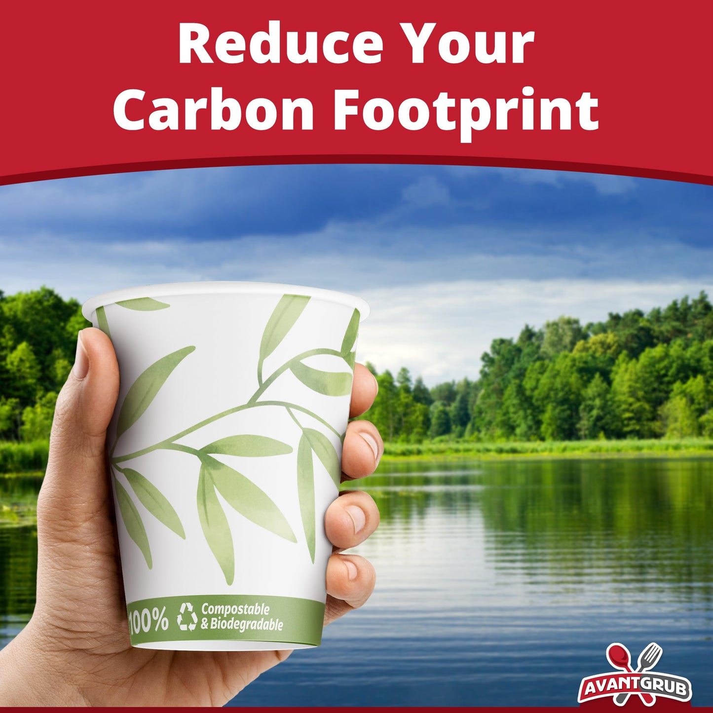 Avant Grub Biodegradable & Compostable 12 Oz Paper Coffee Cups. 100 Pack. Medium Sized, PLA Lined Disposable Beverage Cups For Hot & Cold Drinks. For Shops, Kiosks, Concession Stands & More.