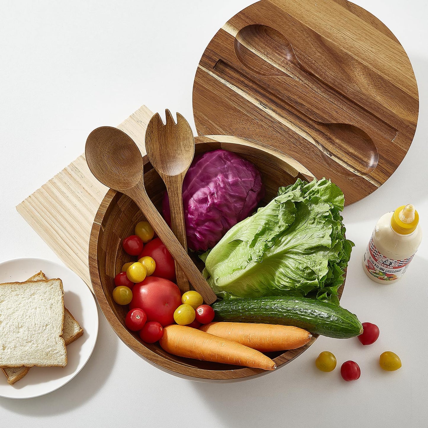 12'' Wooden Salad Bowl Large Wood Salad Bowl with Lid Acacia Wood Salad Bowls Set Mixing Bowl Serving Bowl with Servers for Salads, Pasta, Fruit, Dessert
