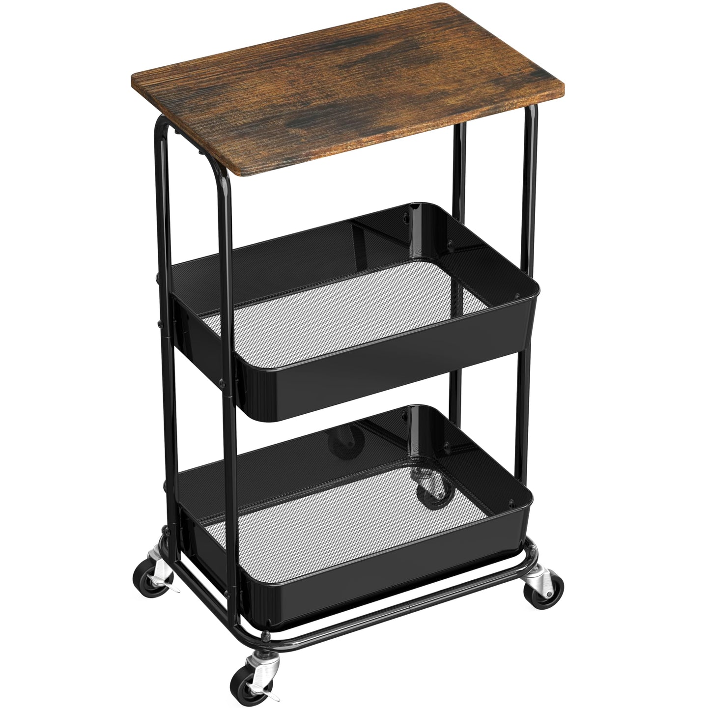 Simple Houseware 3-Tier Metal Rolling Utility Cart with Wooden Top and Lockable Wheel, Storage Organizer Trolley for Kitchen, Bathroom, Office, Craft Room, Rustic Brown