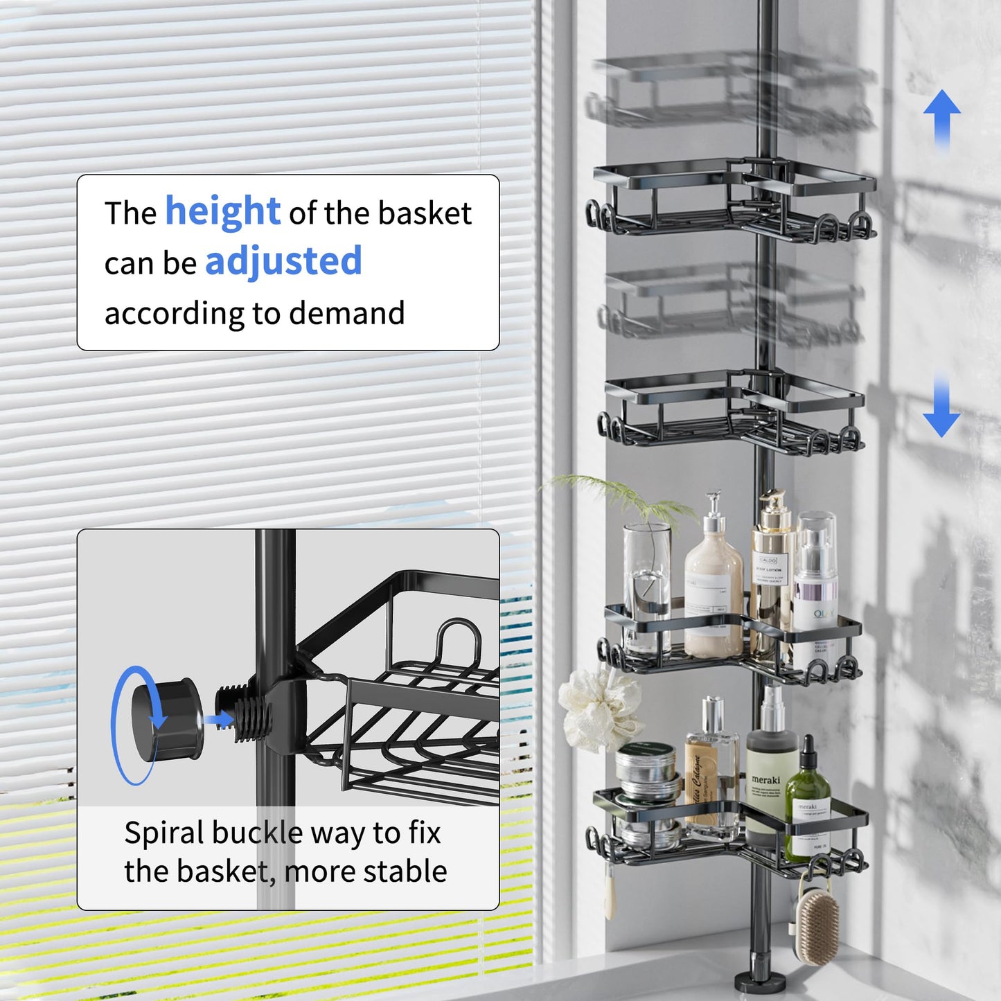 H Hawsam Shower Caddy Corner Tension Pole with 4 Tier Metals Baskets Rustproof Shower Shelves Corner Standing Large Bathroom Shower Storage Organizer Shelf Adjustable Height from 32 to 123 In