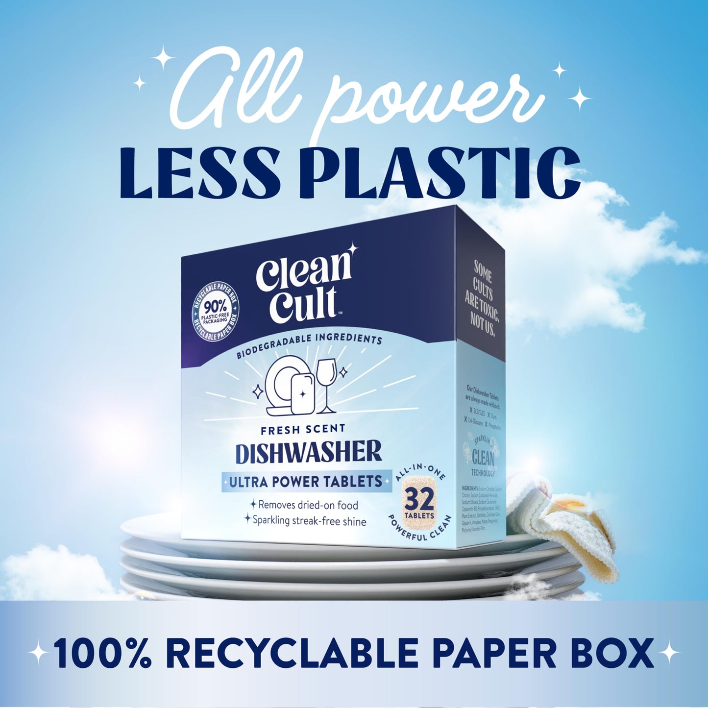 Cleancult Dishwasher Pods, 32 count, Lemongrass Scent, Biodegradable Detergent Tablets, Cruelty Free Tabs
