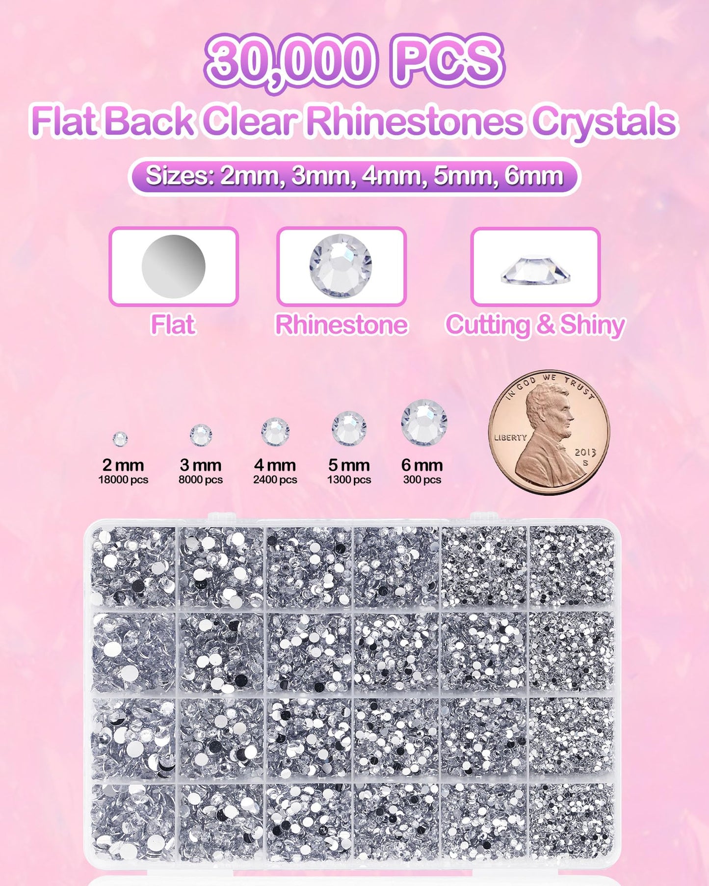 62,000pcs/64-Cells Bedazzling Kit, with 32,000pcs 3mm Nail Rhinestones in 40Colors for Bedazzling & 30,000pcs Clear Flatback Nail gems,6 Bottles B7000 Jewelry Glue, 2 Tweezers & 2 Dotting Pens