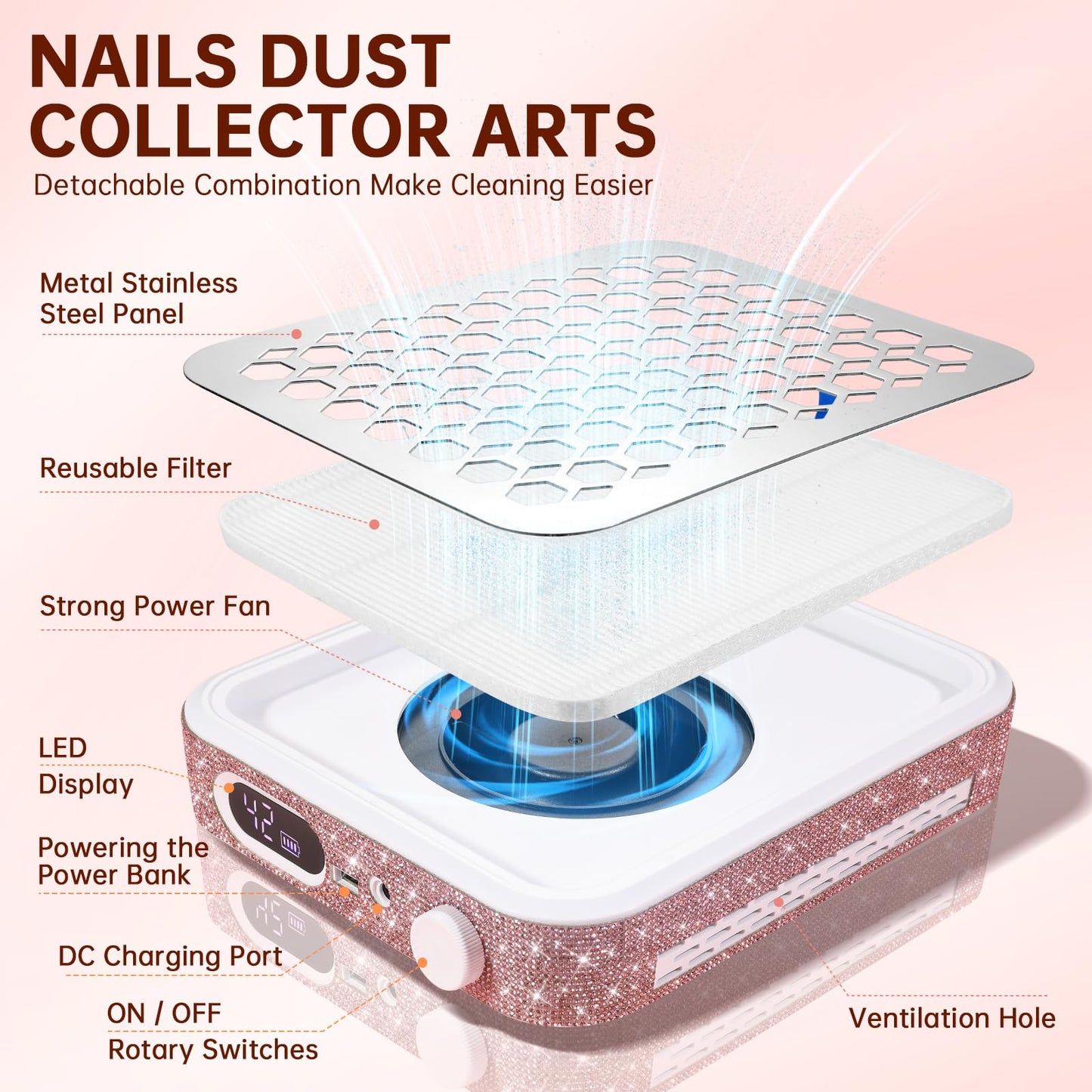 CHRISTINE SHELLY Nail Dust Collector, Rechargeable Dust Collector Nail Tech, Powerful Vacuum Fan Vent Dust Collector Extractor Dust Suction Machine for Acrylic Nails Polishing, Nail Salon&Home, Pink
