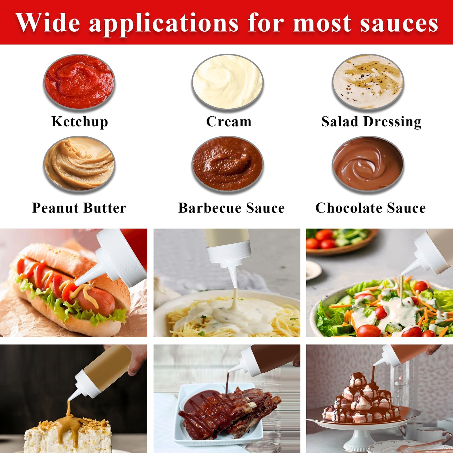 Pro-Kitchen 24 Oz (6 Count) Clear Squeeze Condiment Bottles, Leakproof Reusable Plastic Squirt Bottle for Ketchup, BBQ, Salad, Dressing, Sauce and Pancake