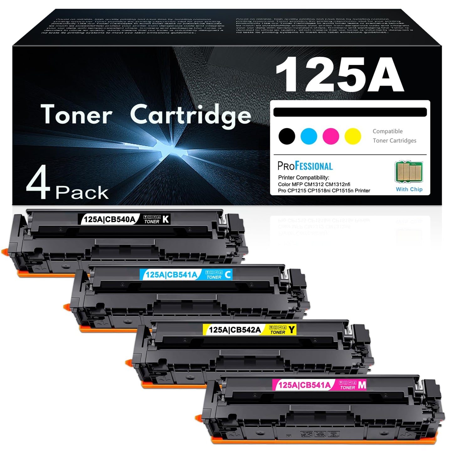 125A Toner Cartridges 4 Pack High Yield (with chip) Replacement for HP Color MFP CM1312 CM1312nfi Pro CP1215 CP1518ni CP1515n Series Printer Ink (Black Cyan Yellow Magenta)