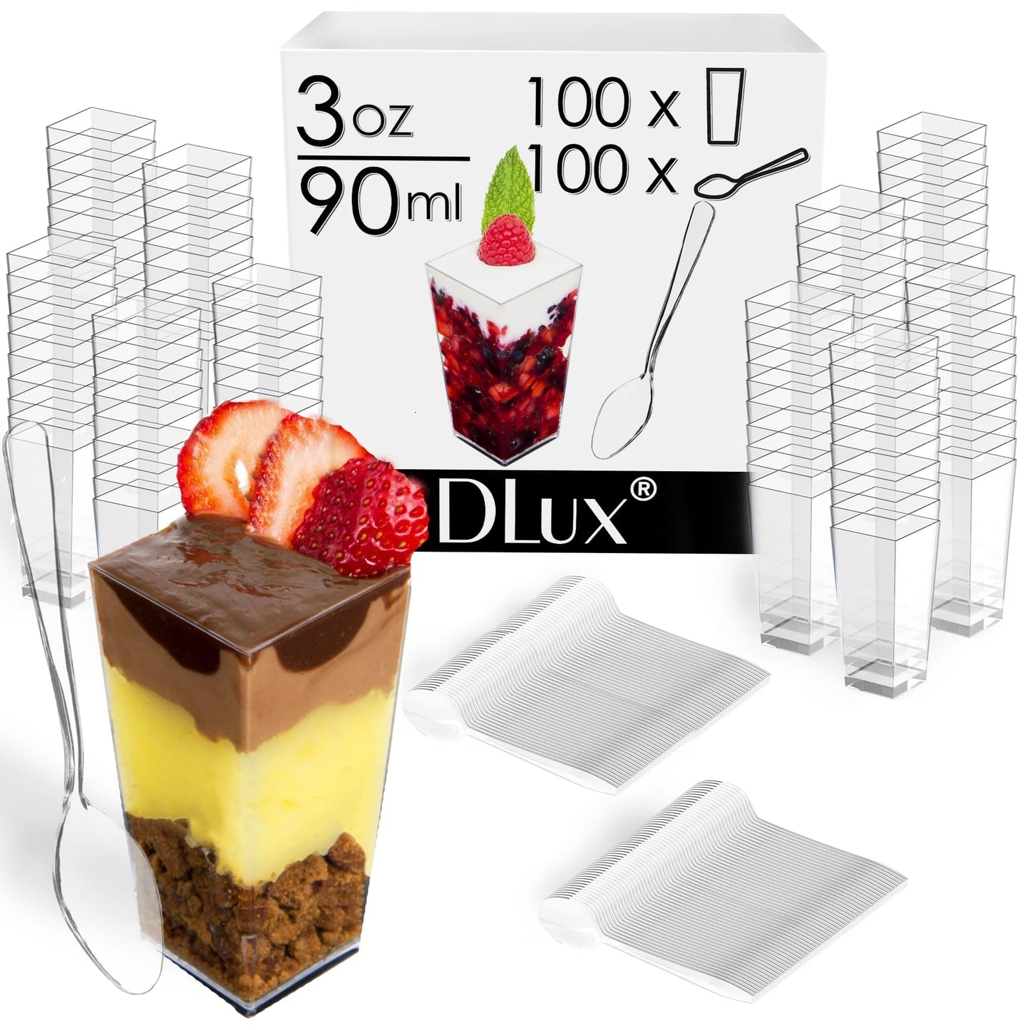 DLux 100 x 3 oz Mini Dessert Cups with Spoons and Lids,Square Tall- Clear Parfait Appetizer Cup Small Reusable Serving Bowl for Party -with Recipe Ebook