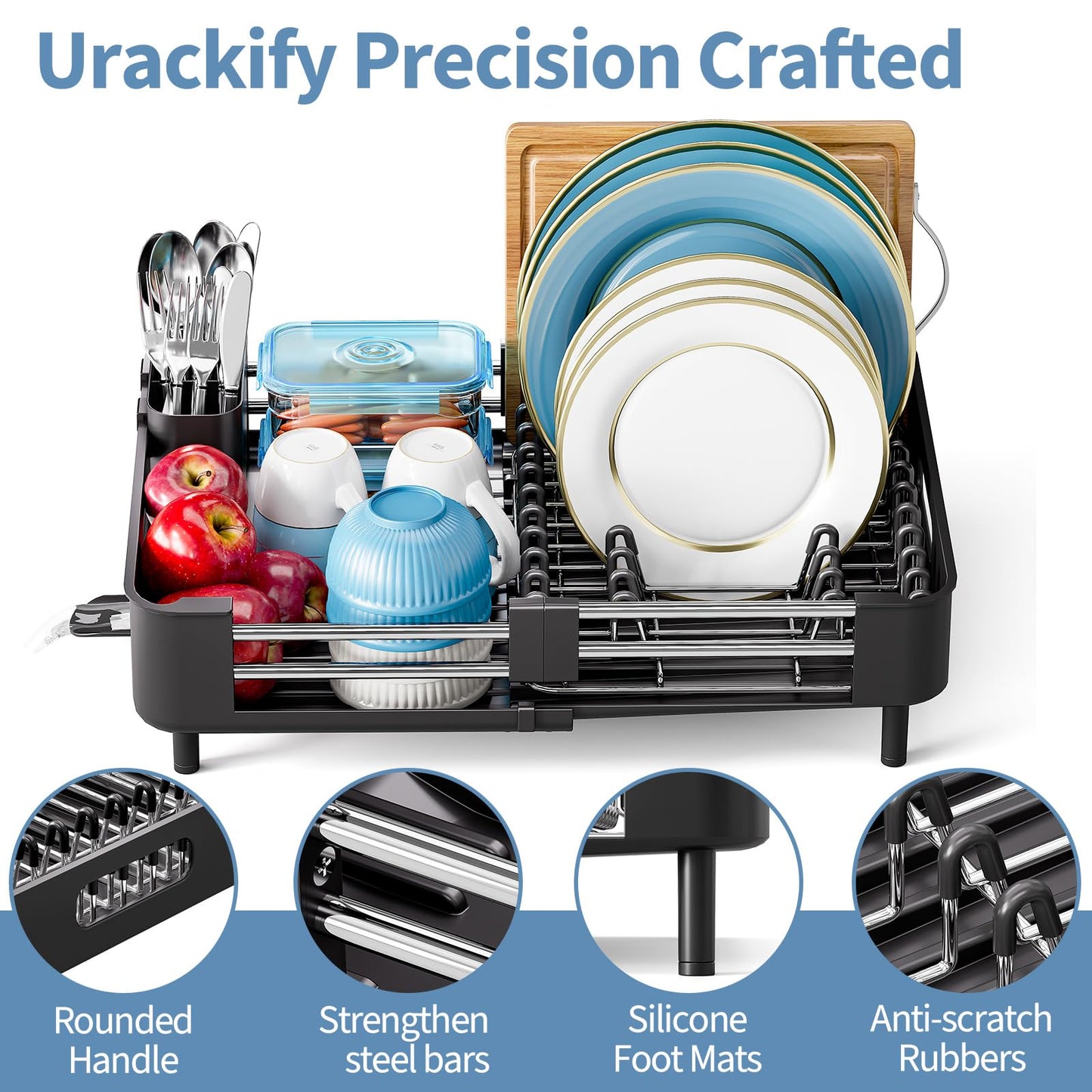 Urackify Extendable Dish Drying Rack, Dual Part Dish Drainers with Non-Scratch and Movable Cutlery Drainer and Drainage Spout, Adjustable Dish Rack for Kitchen,Black