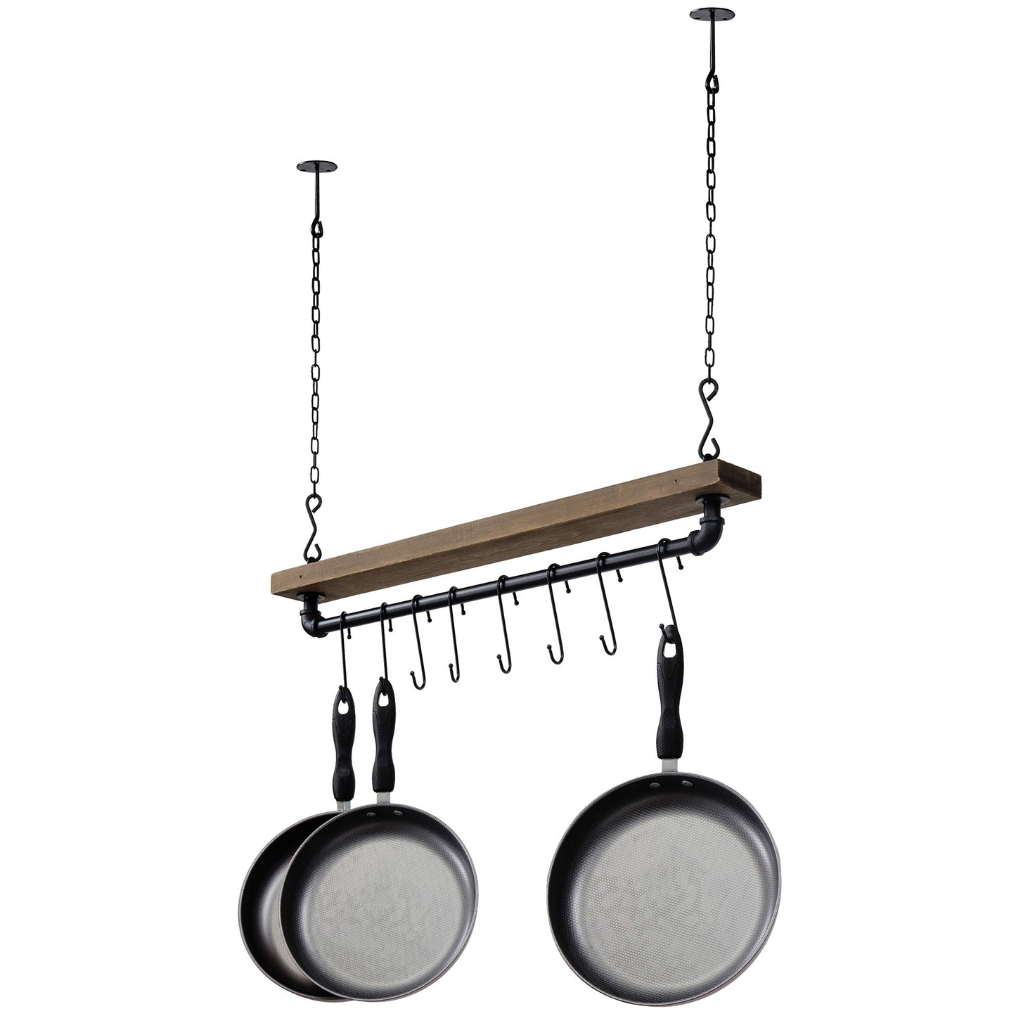 MyGift - Hanging shelf for pots, pans and pots, made of wood and industrial pipe, includes 8 adjustable hooks