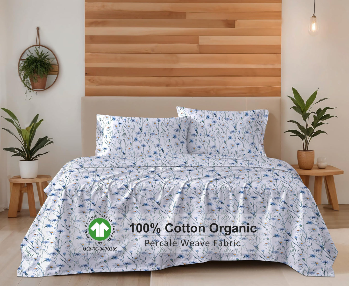 RUVANTI 100% Organic Cotton Sheets - Queen Sheet Set - 4 Piece Percale Weave Bedding, Crisp, Cooling & Breathable, Soft & Durable, 16" Deep Pocket, Hotel Quality Sábanas - Daisy Bud