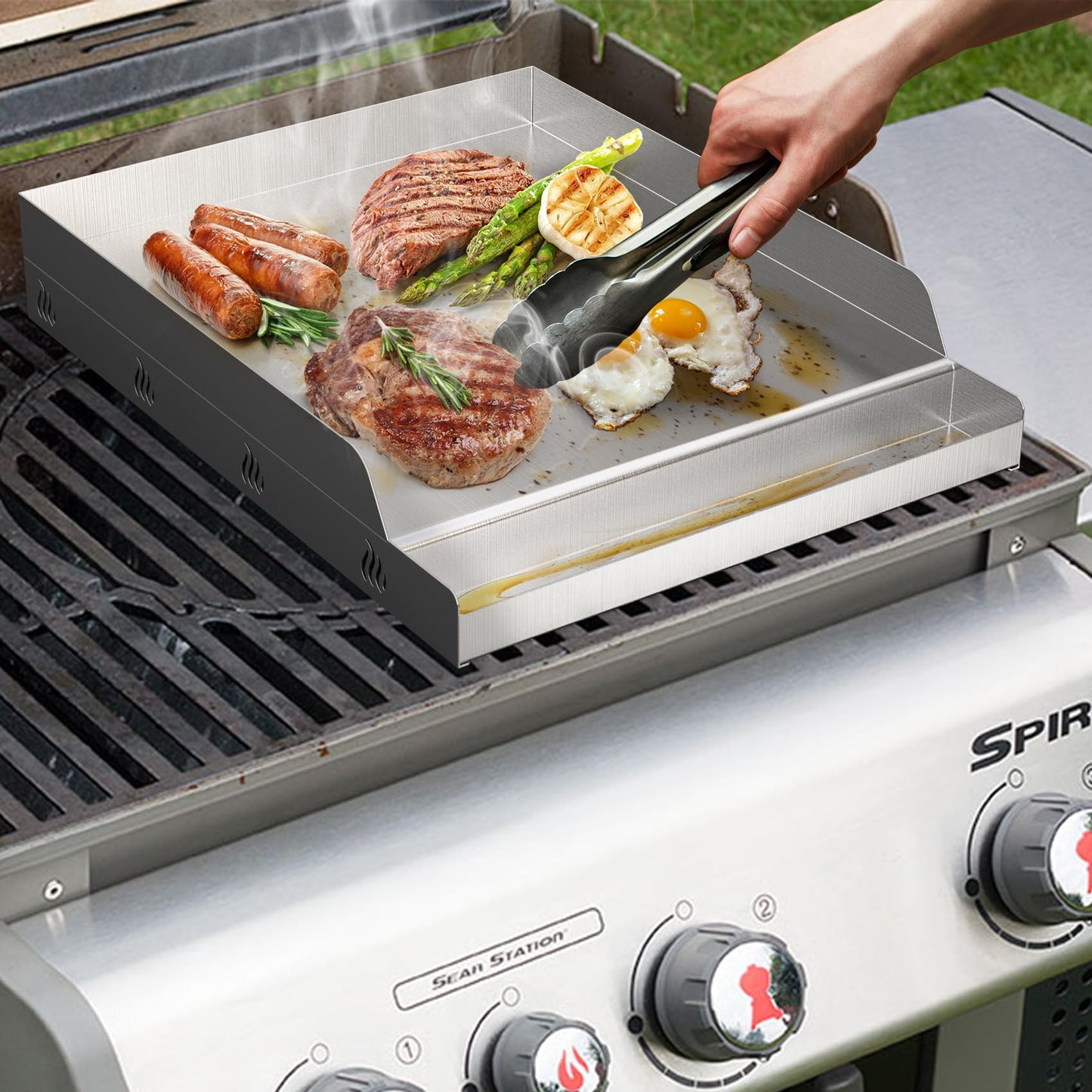 only fire Compact Stainless Steel Grill Griddle for Gas BBQ Grills, 12.5" x 16" Portable Flat Top Griddle with Grease Trough for Camping, Breakfast & Small Family Cooking
