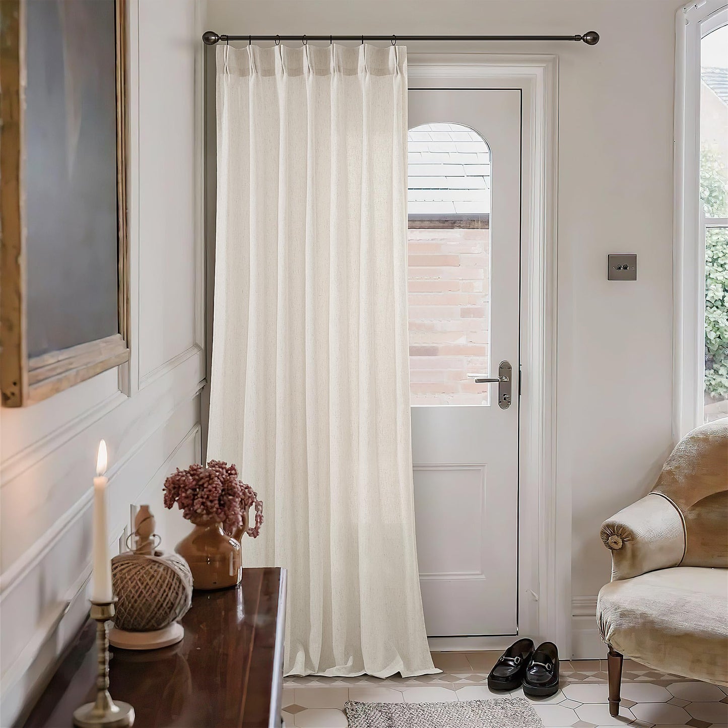 Natural Pinch Pleated Linen Curtains 90 Inches Long for Living Room Pleat Drapes Hooks Rings Back Tab Neutral Cream Ivory Semi Sheer Pleated Curtain 90 Inch Length for Bedroom Dining Office 1 Panel