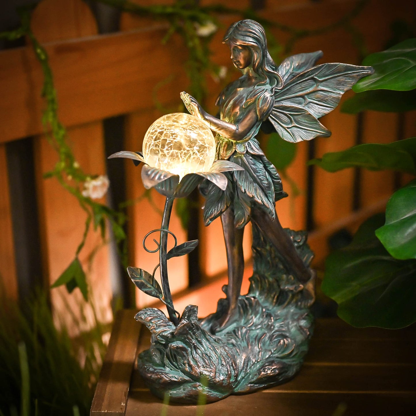 TERESA'S COLLECTIONS Garden Fairy, Large Bronze Garden Sculptures & Statues with Solar Outdoor Light, Yard Art Lawn Ornaments for Outdoor Decor, Ideal Housewarming Gifts for Mom Mother Day 10.6"