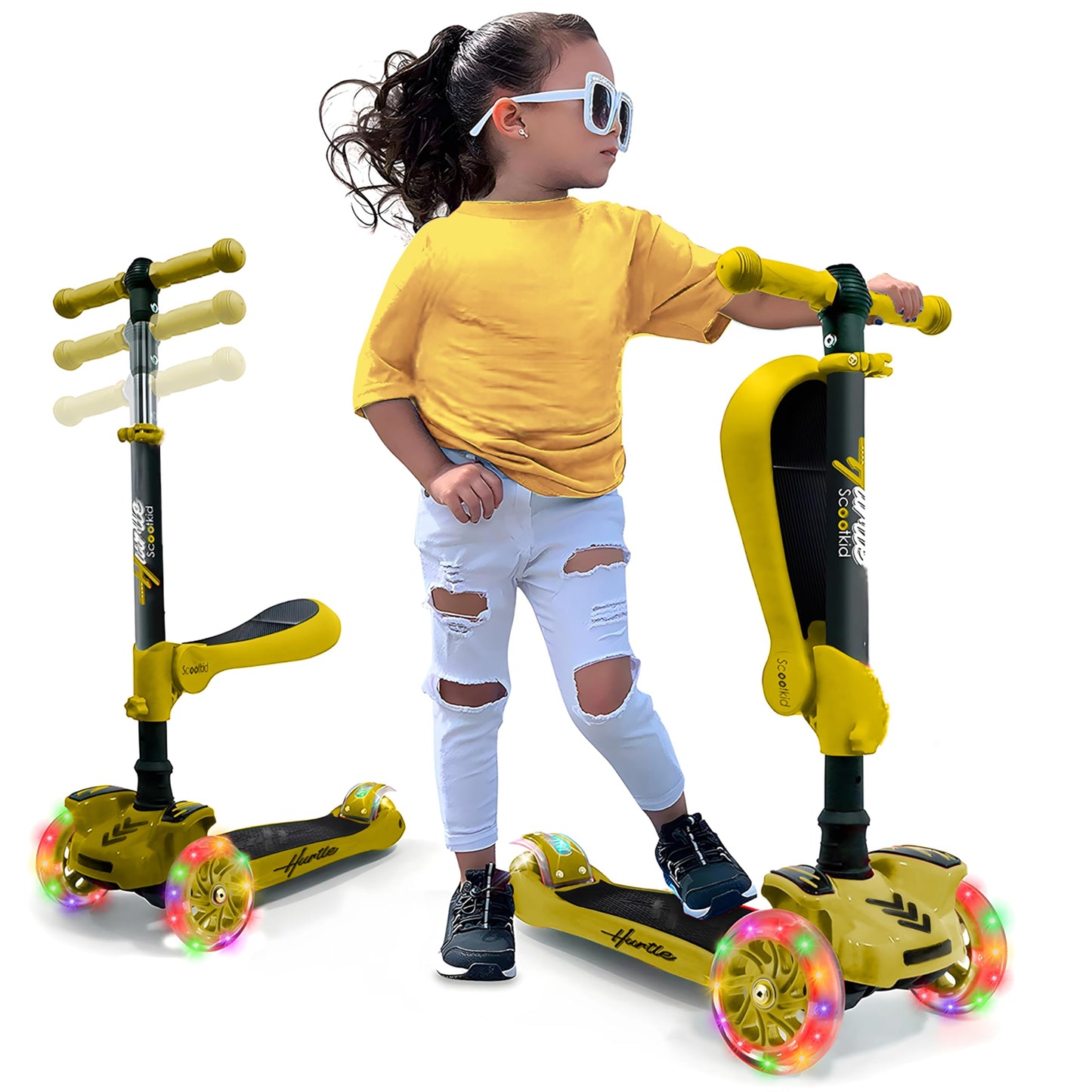 Hurtle 3-Wheeled Kids Scooter - Wheel LED Lights, Adjustable Lean-to-Steer Handlebar, and Foldable Seat - Sit or Stand Ride with Brake for Boys and Girls Ages 1-14 Years Old, Yellow