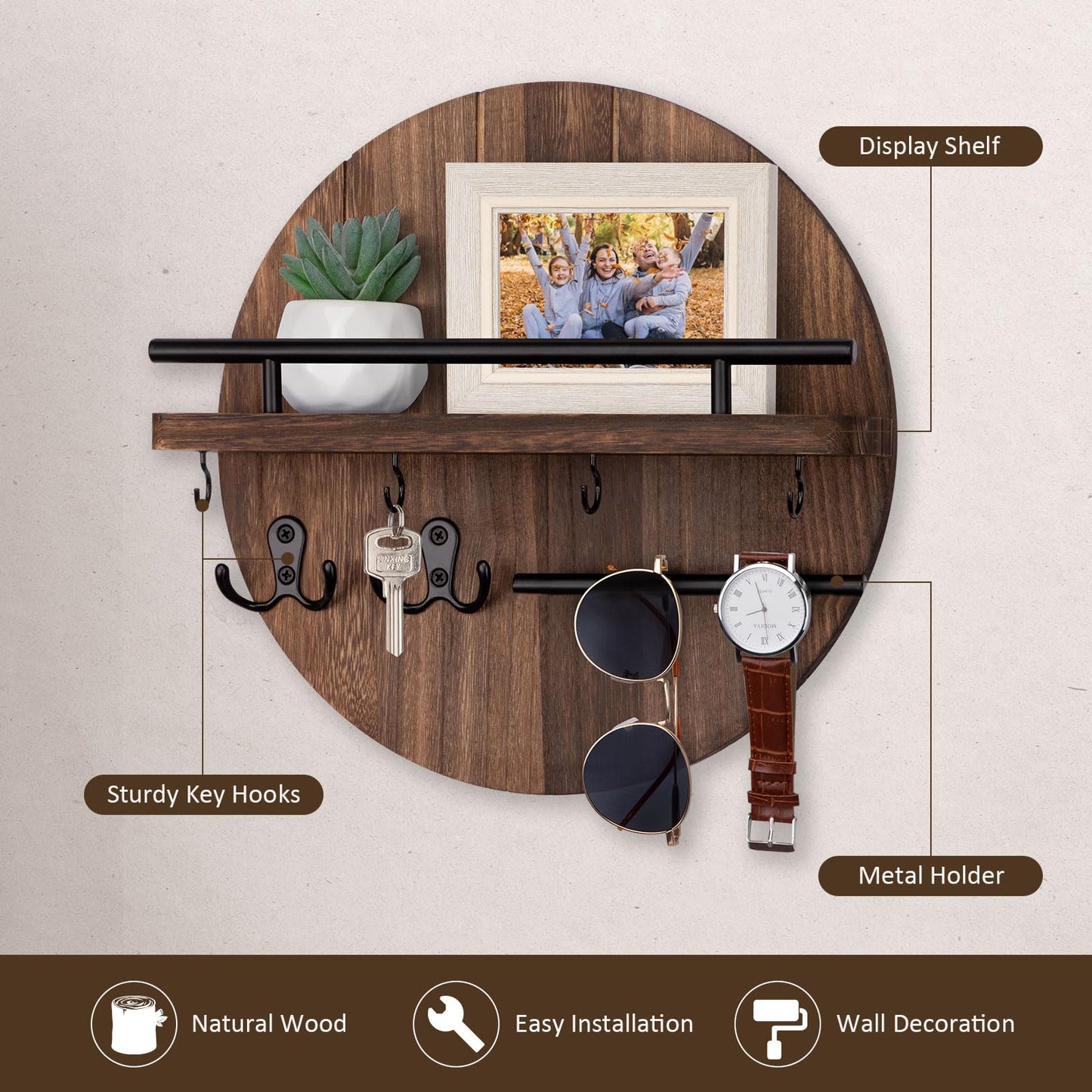 Nekon Key Holder Wall Mount, 11.8 Inch Key Rack with Shelf and 6 Key Hooks, Rustic Key and Mail Organizer, Circular Wooden Key Hanger for Entryway Hallway Kitchen (Brown)