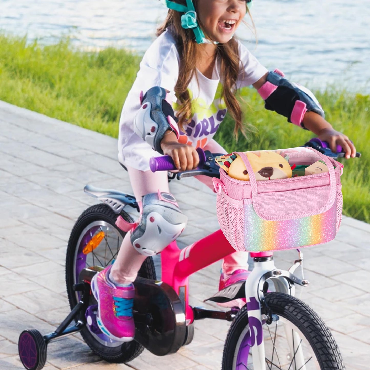 GRAOSO Kids Bike Basket, Bicycle Front Bag, Cute Bike Accessories for Girls Boys Fit Most of Handlebar, Tricycle, Scooter Bag with Detachable Shoulder Strap, Pink (Bag Only), Patented Design