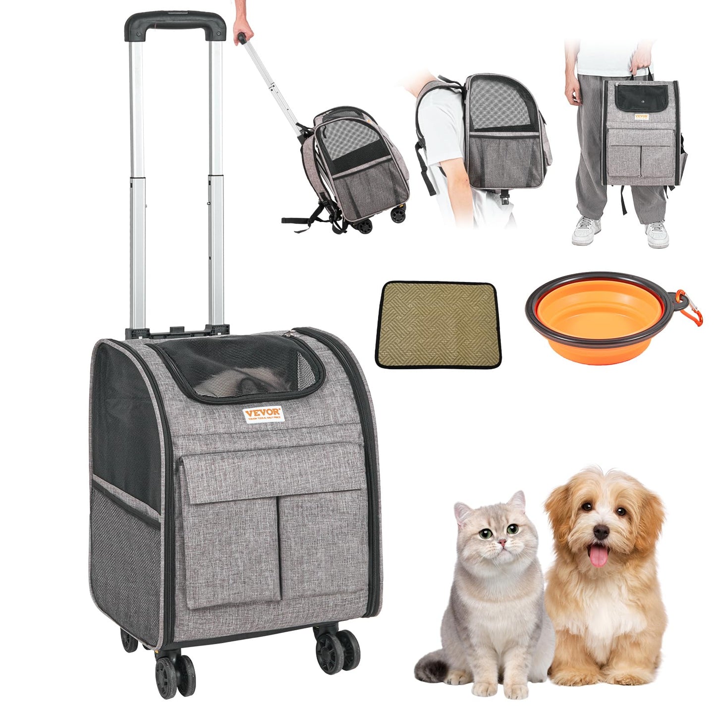 VEVOR Cat Carrier with Wheels, Rolling Pet Carrier with Telescopic Handle and Shoulder Strap, Dog Carrier with Wheels for Pets Under 18 lbs, with 1 Folding Bowl, Grey