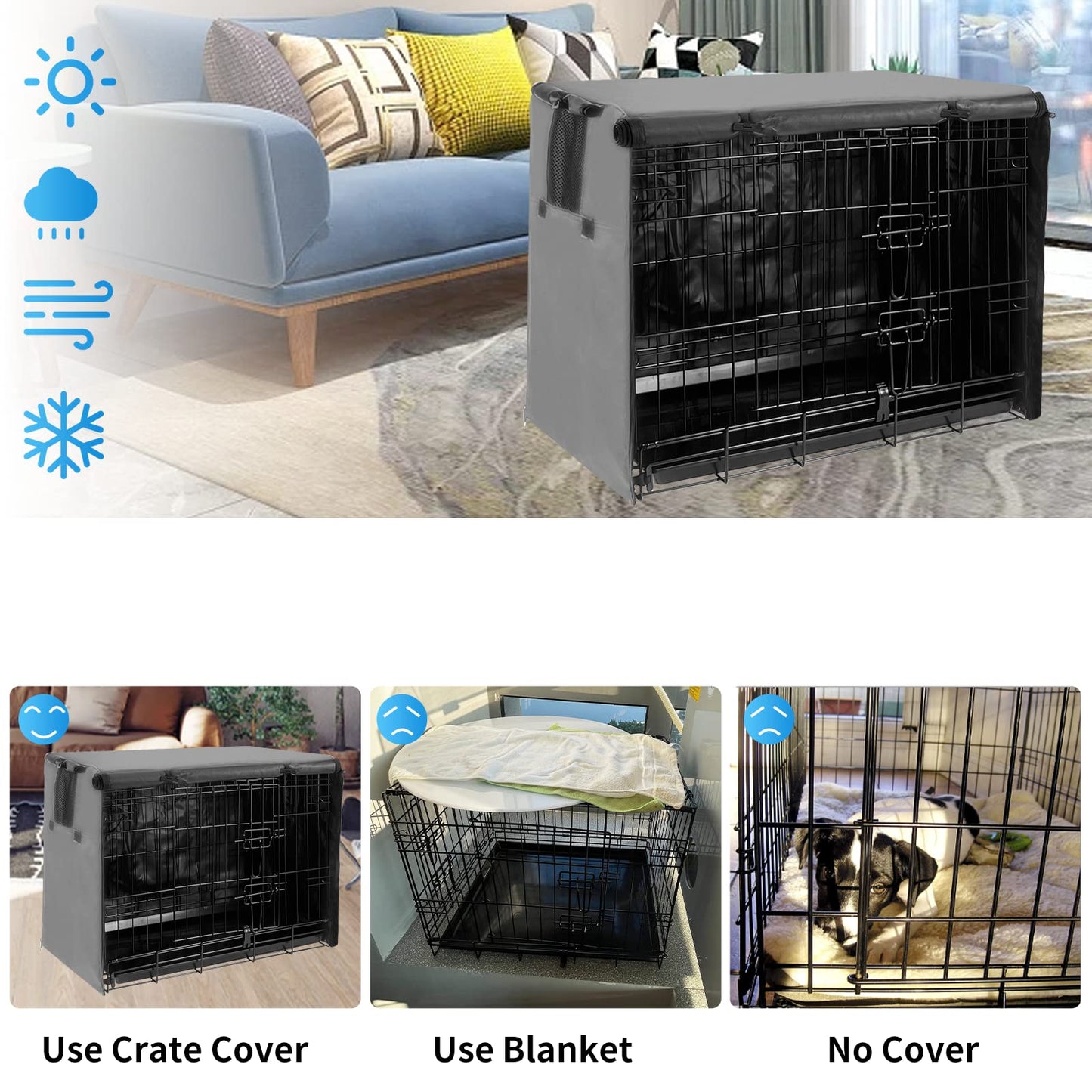 Dog Crate Cover 48 inch, Large Dog Kennel Cover for Cages with1 2 3 Doors, Waterproof 600D Oxford Fabric Privacy Cover Indoor/Outdoor Gray (Only Cover)