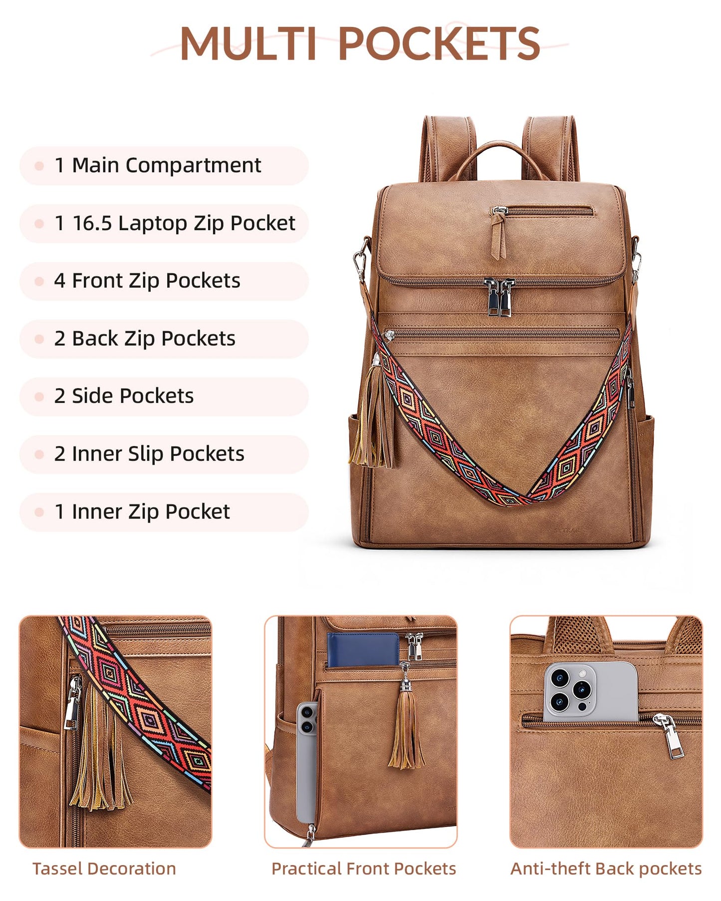 SYTRAH Leather Laptop Backpack for Women Designer Laptop Bag, 16.5 inch Travel Computer Backpacks Purse with Tassel for Work Business Brown