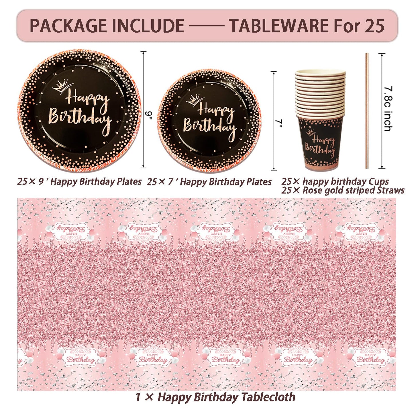 Birthday Decorations For Women, 229 Pcs Rose Gold and Black Happy Birthday Supplies - Disposable Dinnerware Set with 25 Guest, Balloons, Sash, Tiara, Banner, Fringe Curtain, Photo Booth Props