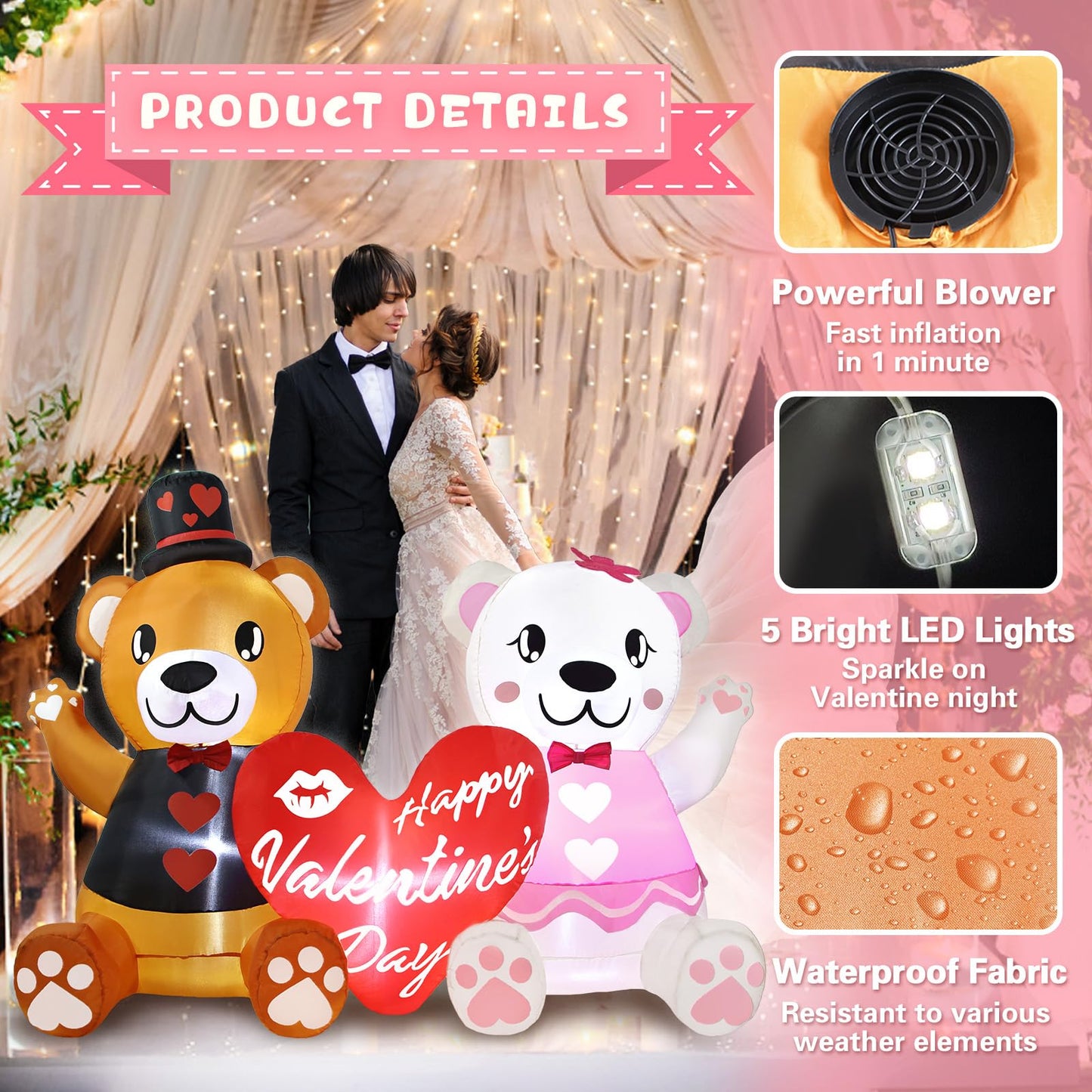 LETIME 5.6 FT Long Inflatable Valentines Day Decorations LED Lighted Blow up Bear Couples with Love Heart Romantic Valentines Inflatables Outdoor Yard Décor for Party Anniversary Wedding Propose