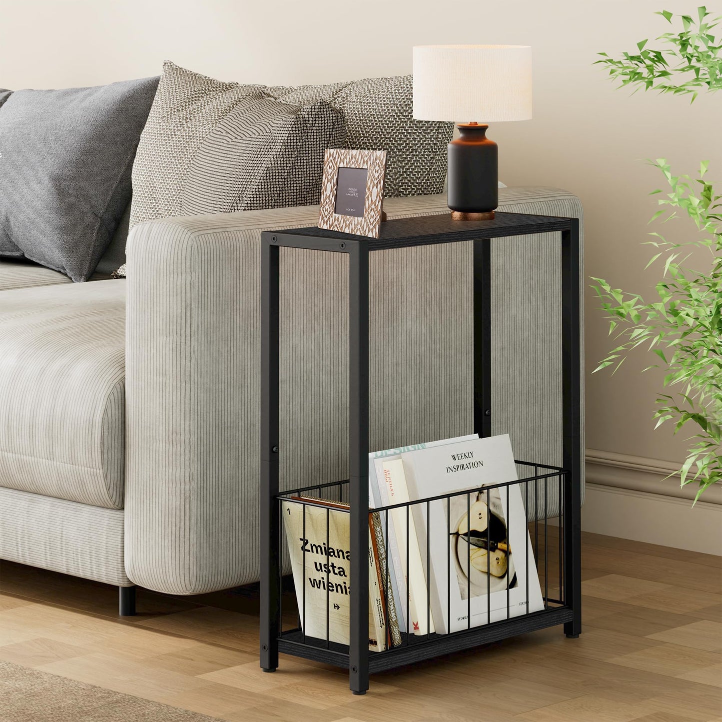 Homleke Narrow Side Table with Magazine Holder, Skinny End Table Perfect for Small Spaces, Space-Saving Design for Living Room, Bedroom, or Office, 18 x 43 x 60 cm, Black