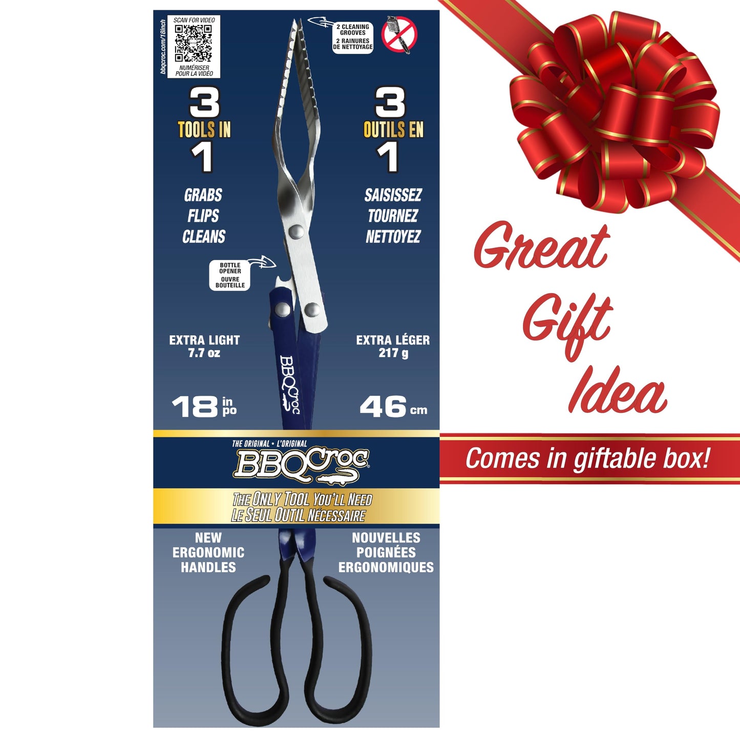 BBQ Croc 3 in 1 Barbecue Tool 18-inch - Light and Long Tongs, Spatula and Grill Scraper (Blue) (18 inch Without Flashlight)