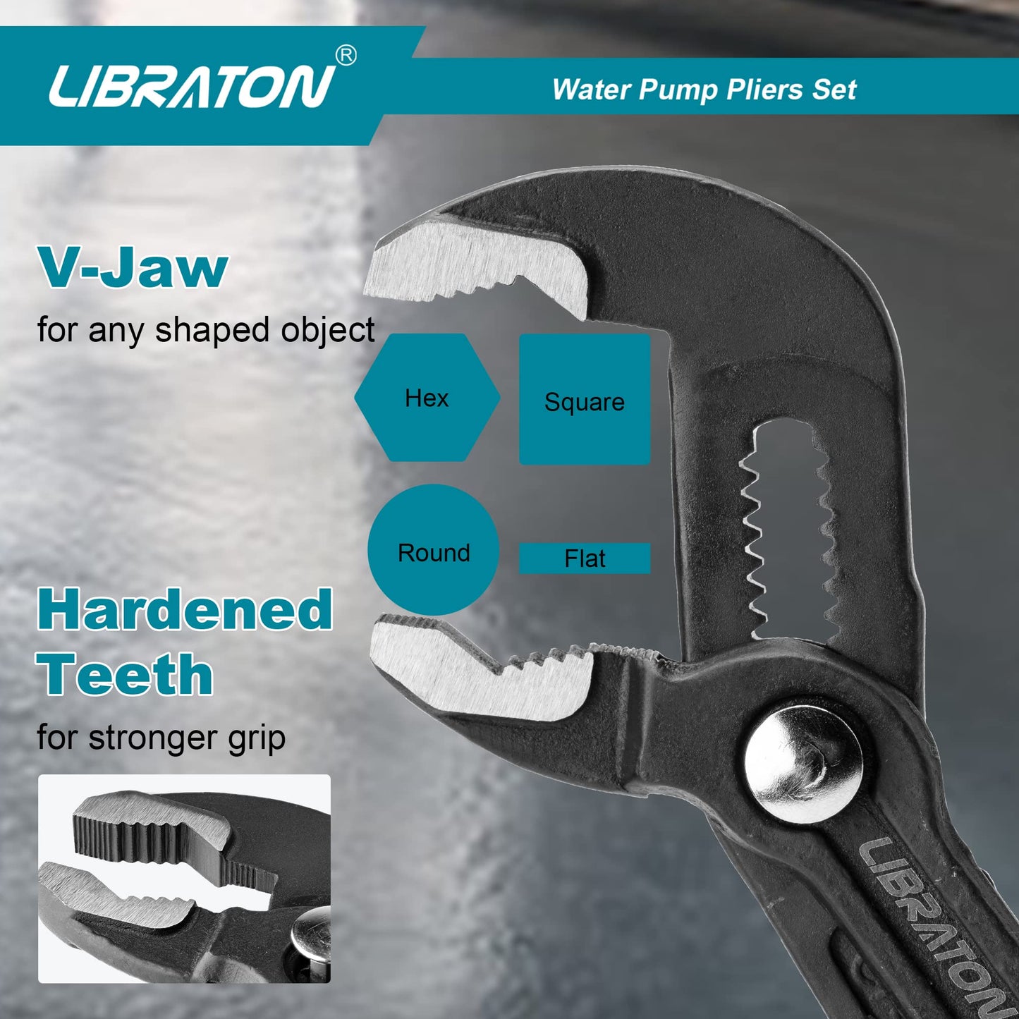 Libraton Water Pump Pliers, Groove Joint Pliers Set, V-Jaw Tongue and Groove Pliers in CR-V Steel, 3PCS Plumbing Pliers, Ratcheting Push Button Adjustment Mechanism