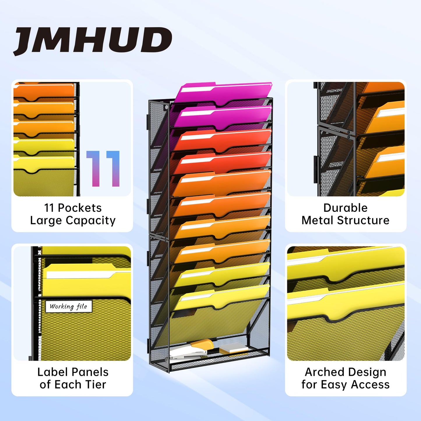 JMHUD Wall File Organizer, 11-Tier Mesh Hanging File Organizer for Papers, Folders, Files Clipboard & Magazine Organization, Assembly Needed, Ideal Wall Organizer for Office Home, Black