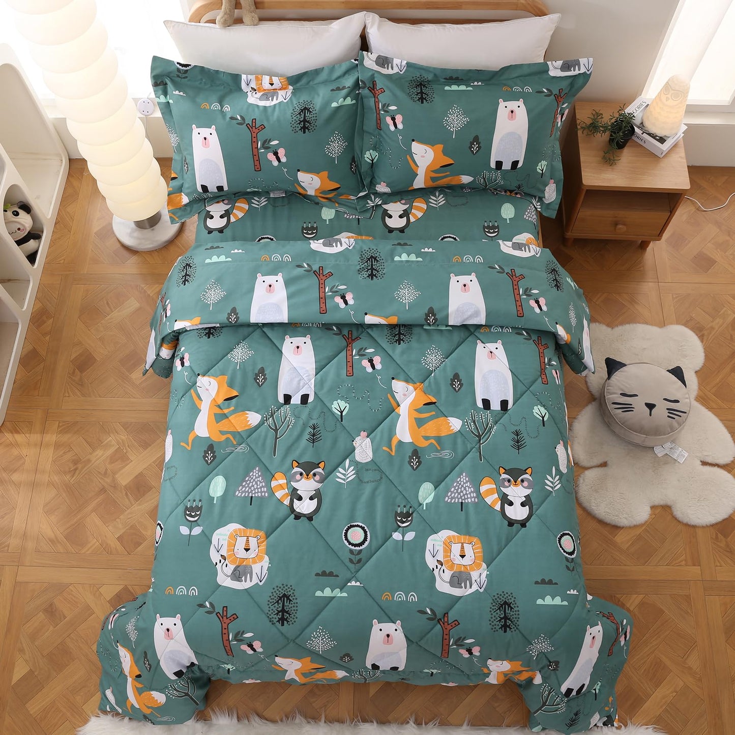 JSD Green Animal Forest Kids Comforter Set, 2 Pieces Twin Microfiber Comforter with Pillow Sham, Soft Comfortable Machine Washable