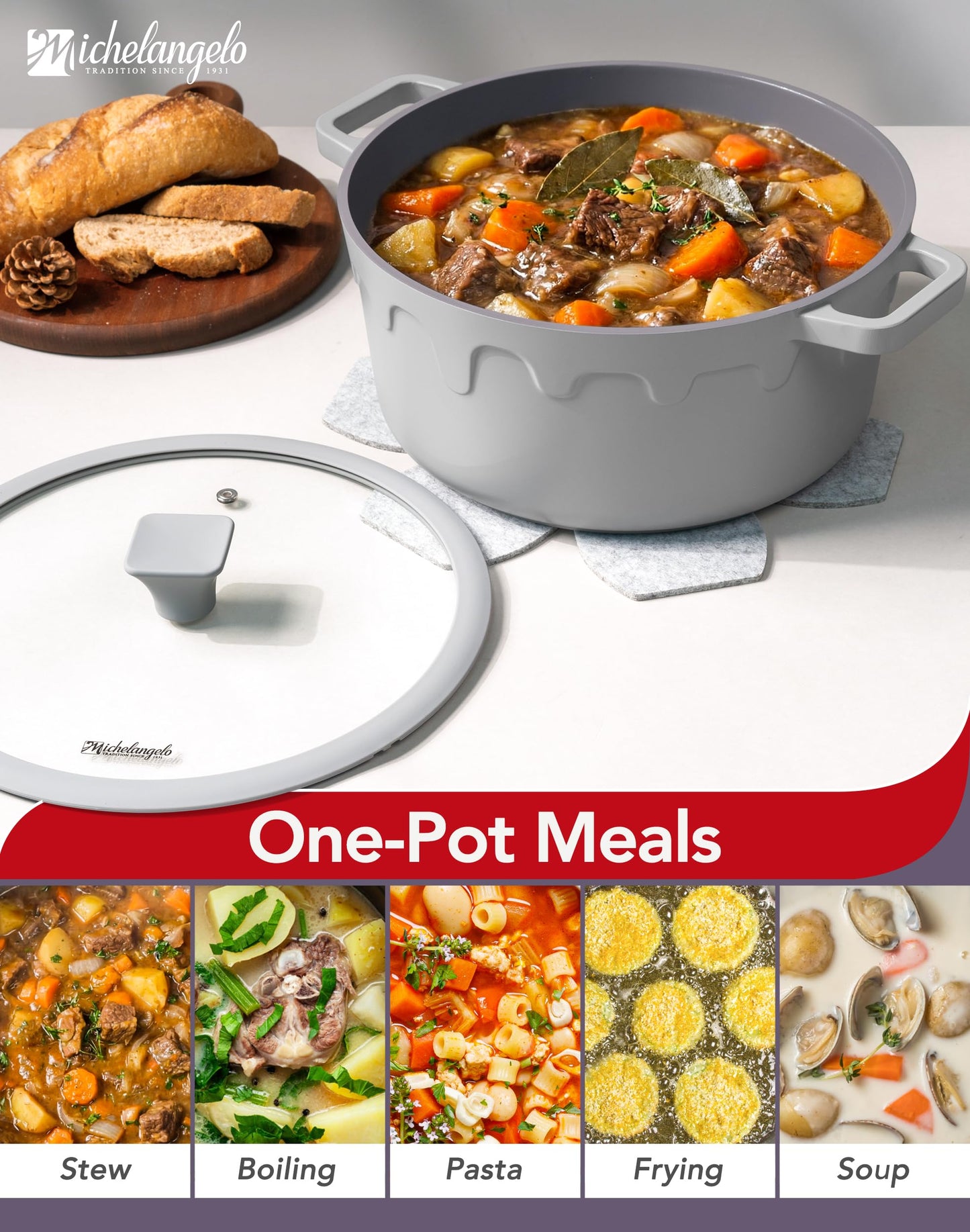 MICHELANGELO Ceramic Stock Pot with Lid - Nonstick Soup Pot for Induction Cooktop, 8-Quart Non Stick Cooking Pots with Silicone Handle Covers & Pot-Holder, Grey