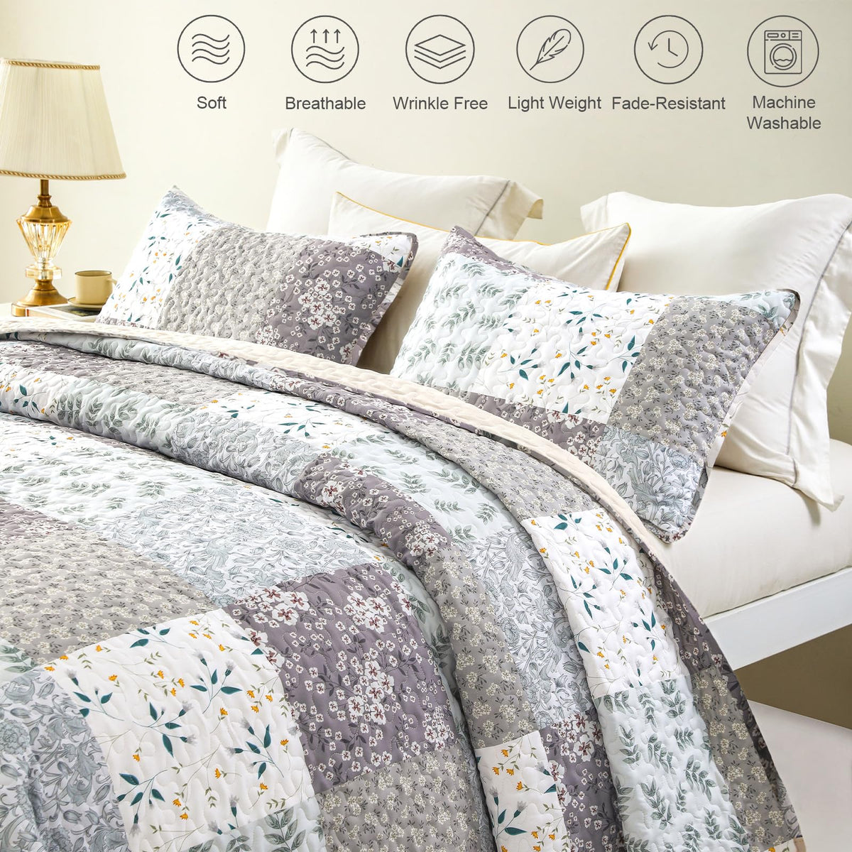 Whale Flotilla 3-Piece Printed Queen Size Quilt Bedding Set with 2 Pillow Shams Lightweight Reversible Bedspreads Coverlet Set for All Season, Light Grey