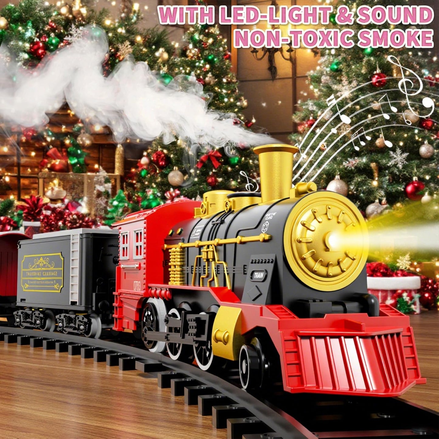 BLmukce Train Set, Kids Electric Train Toy for Boys 4-8 with Smoke, Lights & Sound, Toy Train Set with Chrimastmas Stickers, Toddler Model Birthday Gifts for Boys & Girls (43.3 in)