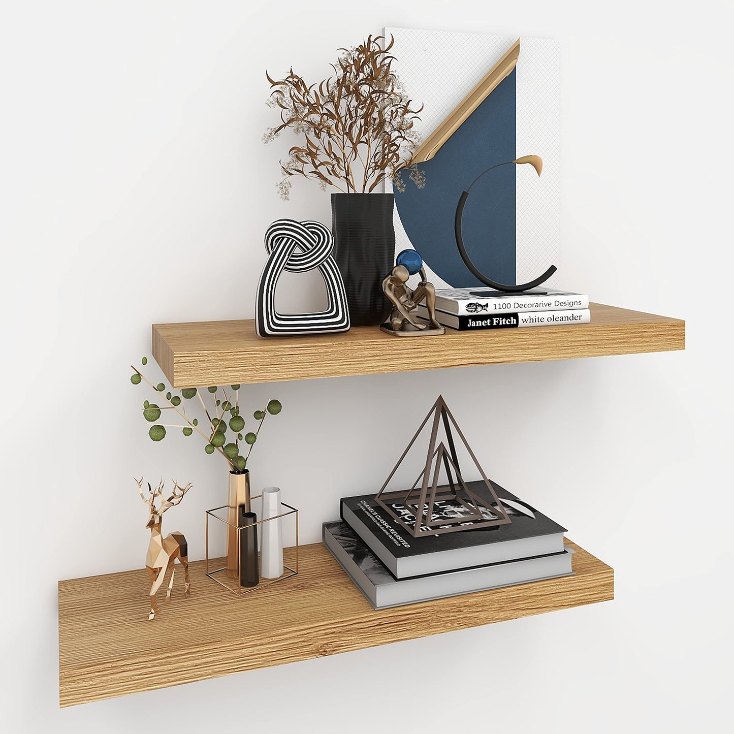 INHABIT UNION Oak Floating Shelves for Wall，24in Wall Mounted Display Ledge Shelves Perfect for Bedroom, Bathroom, Living Room and Kitchen Decoration Storage (Oak,Set of 2)