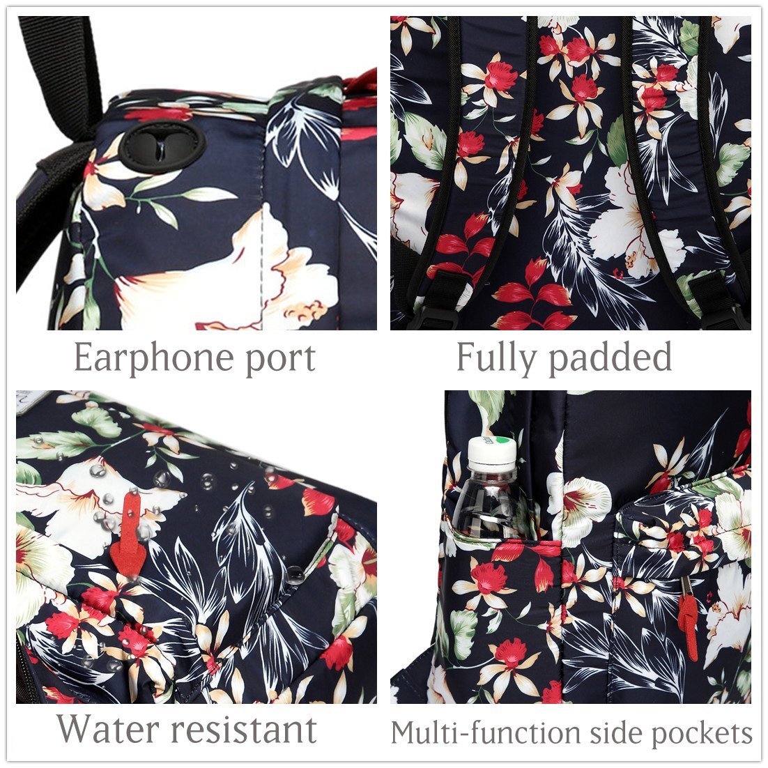 Backpack for Women, VASCHY Water Resistant Fashion Floral 15.6 inch Laptop School Bookbag for Girls Casual Daypack Travel Rucksack with Padded Laptop Sleeve (Navy Floral Blooms)