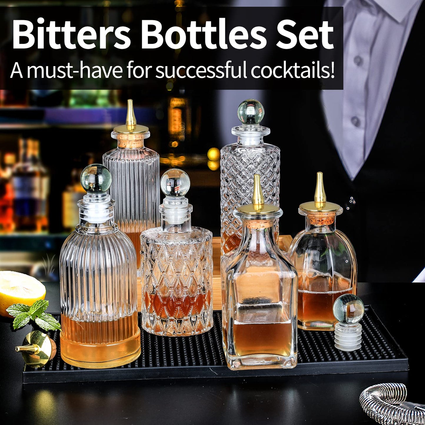 Bitters Bottle Set of 6 - Glass Dasher Bottles to Store and Dash Cocktail Bitter Ingredients Dispenser Bottles with Dash Top and Stoppers with Tray