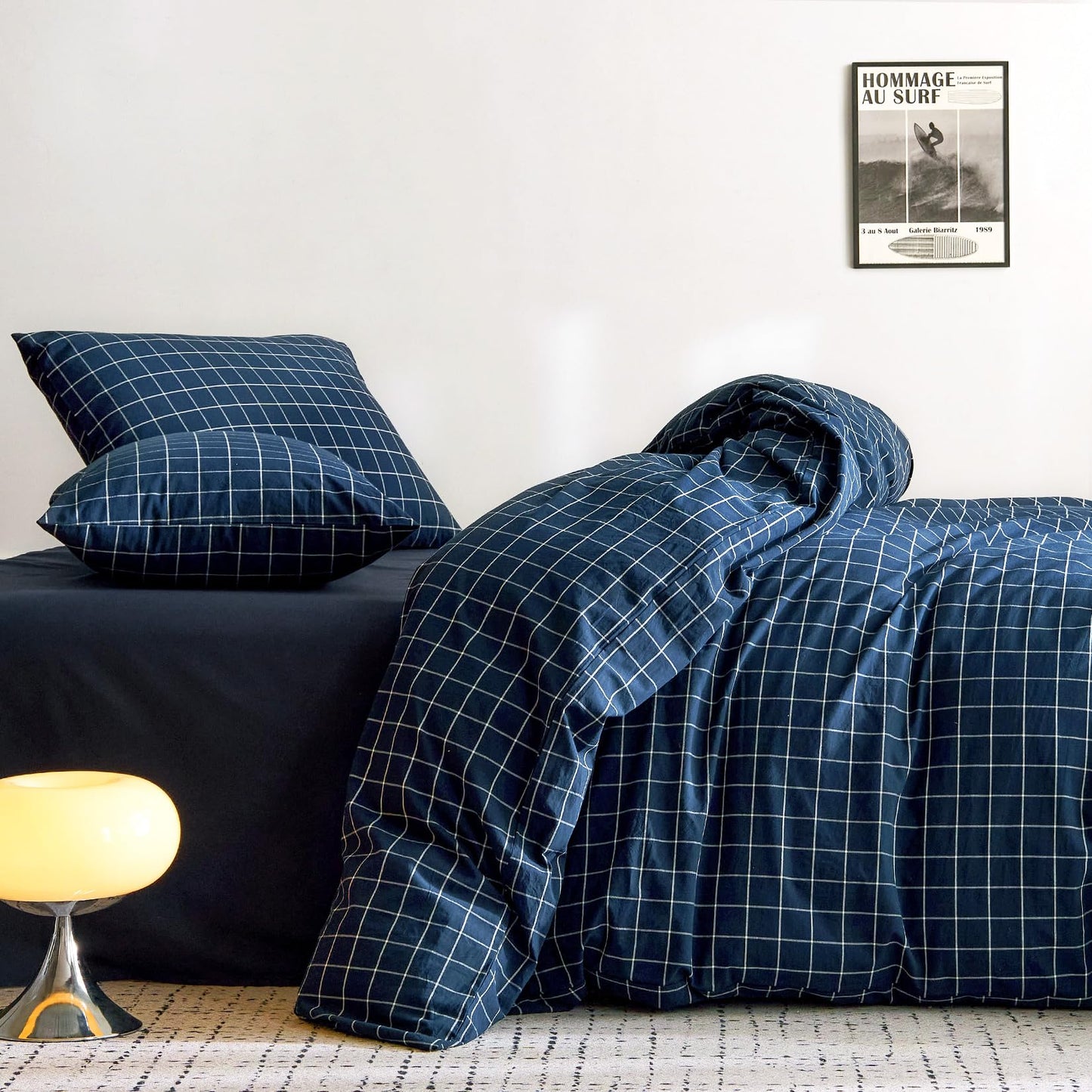 Wake In Cloud - Grid Duvet Cover Set, 100% Washed Cotton Checkered Plaid Farmhouse Check Gingham Geometric Beddings with Zipper Closure, 3 Pieces, Navy Blue, Queen Size