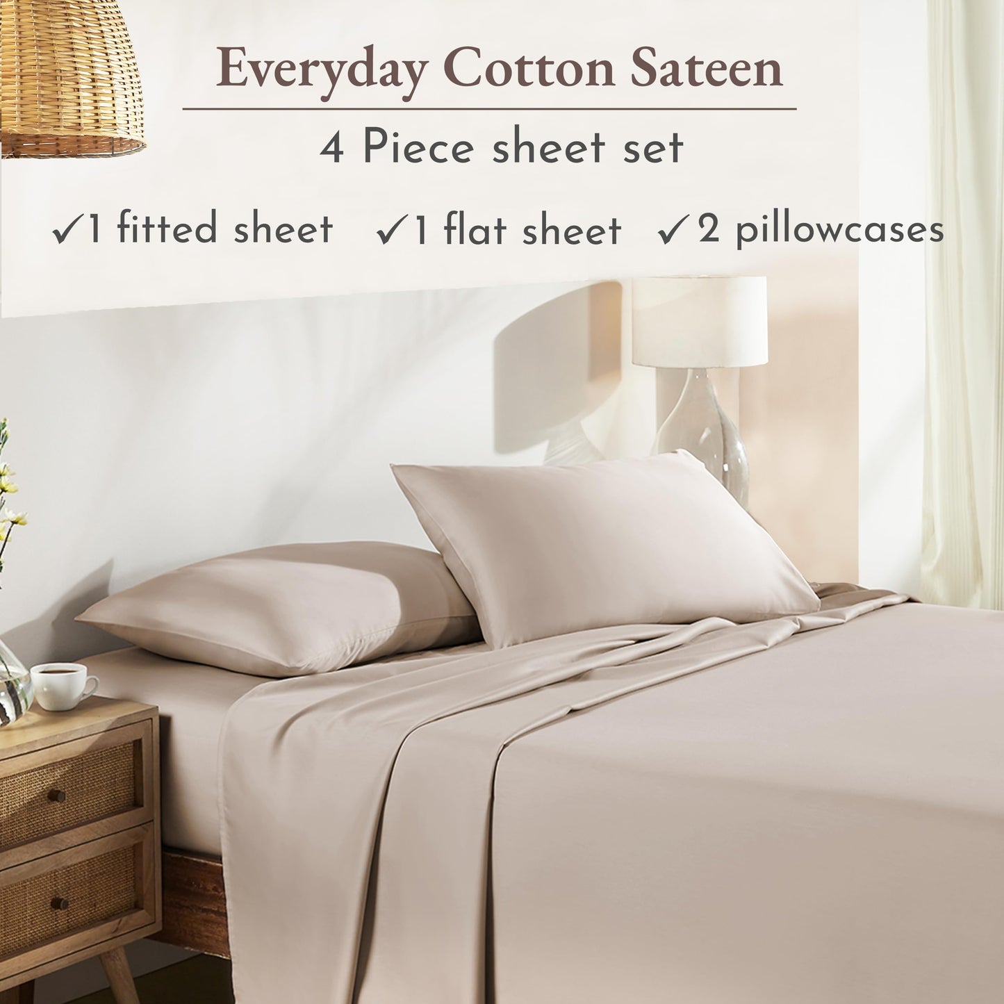 California Design Den Soft 100% Cotton Sheets King Size Bed Sheets Set with Deep Pockets, King Sheets Set with Sateen Weave, Cooling Sheets - Beige (Warm Taupe)