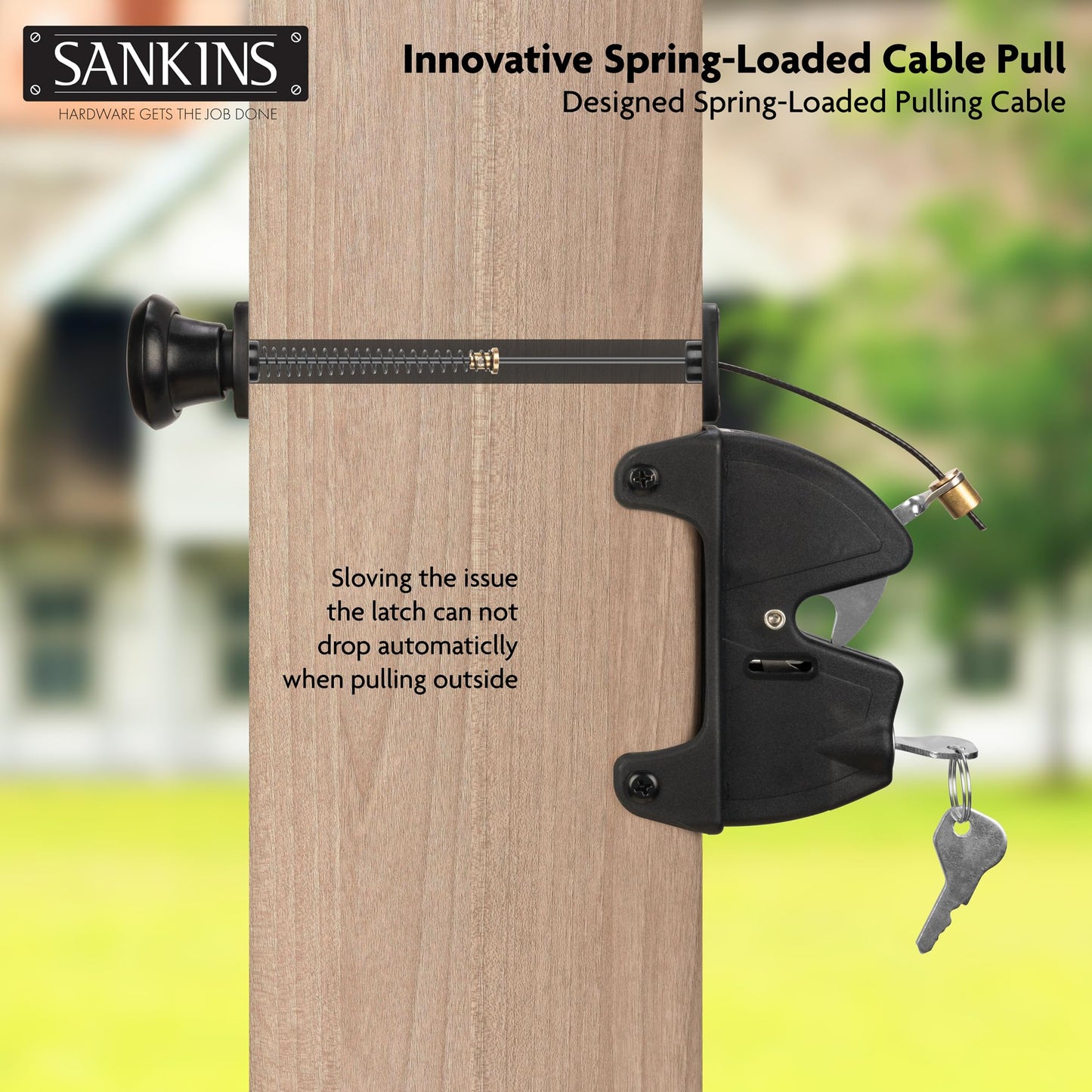 SANKINS Key Lockable Fence Gate Latch, 2 Sided Gate Lock Latch for Outdoor Fence, Keyed Fence Lock Latch with Spring Loaded Pull Cable, Fence Latch Gate Hardware for Wood, Vinyl, Metal Gates, Black