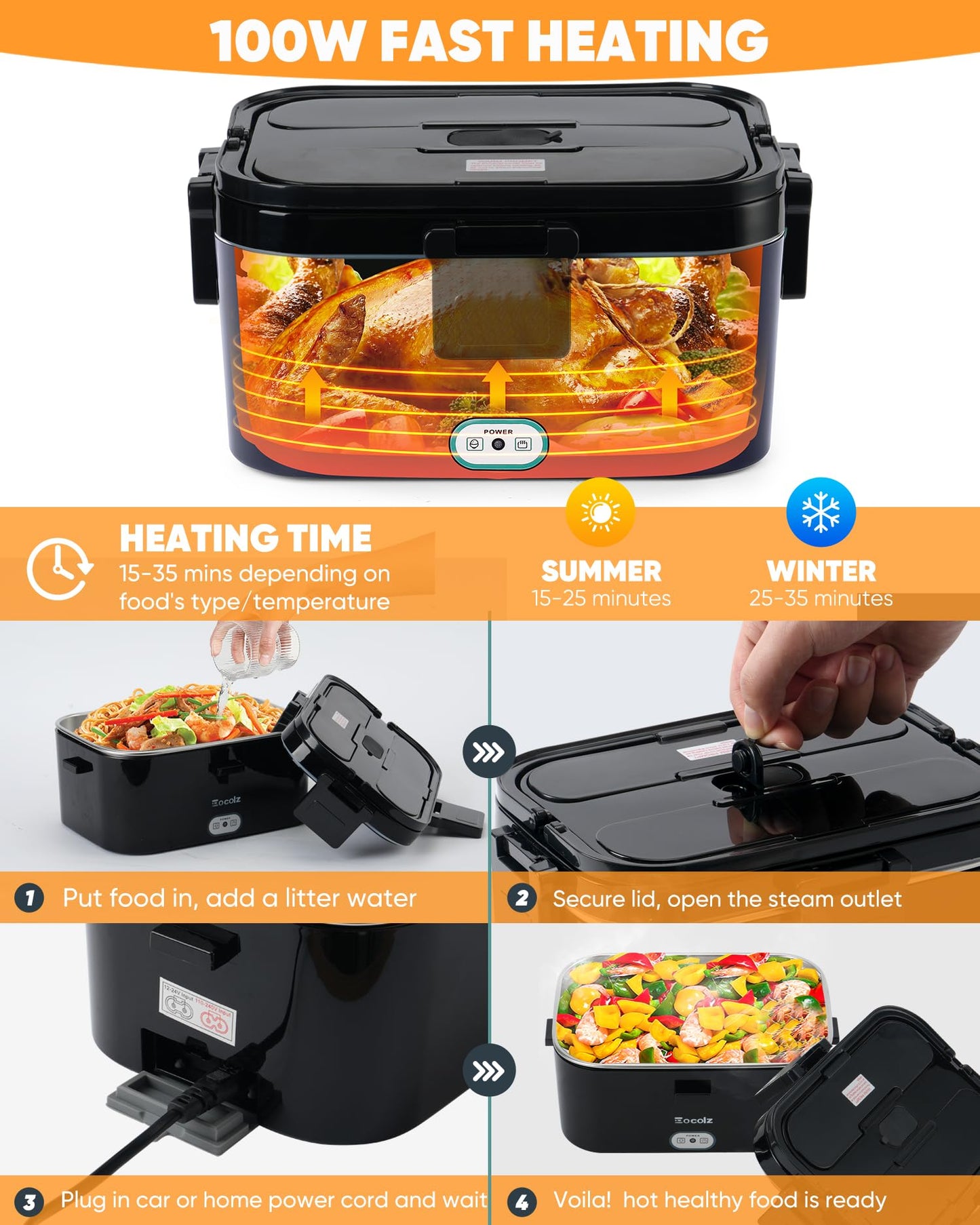 Electric Lunch Box Food Heater - 100W Fast Heating Lunch Box 12V/24V/110-230V Warming Lunchbox, Dual 1.8L Containers, Portable Food Warmer for Car/Truck/Travel, with Spork & Carry Bag (Black)