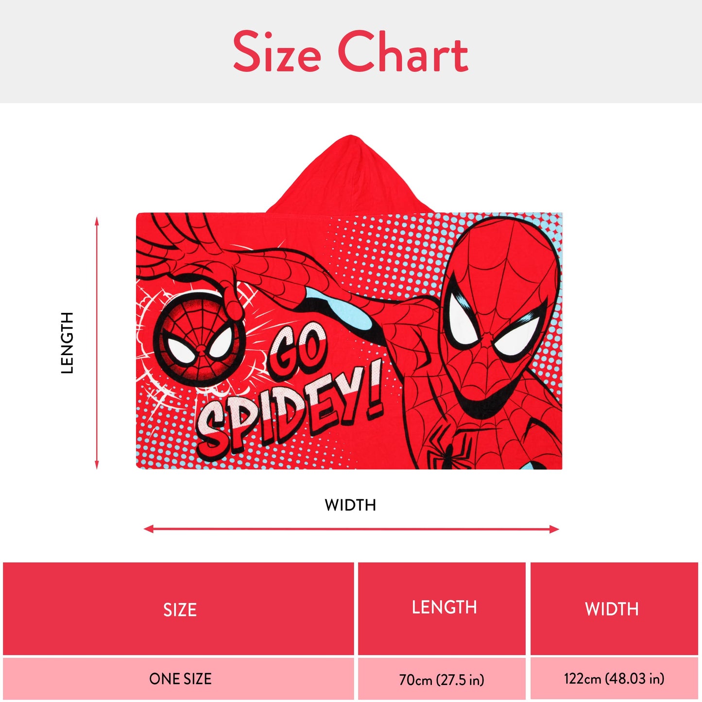 Marvel Spiderman Boys Beach Towel, Wearable Pool Swimming Towel, Wrap Hooded Towels for Kids, Kids Bath Towels, Red One Size