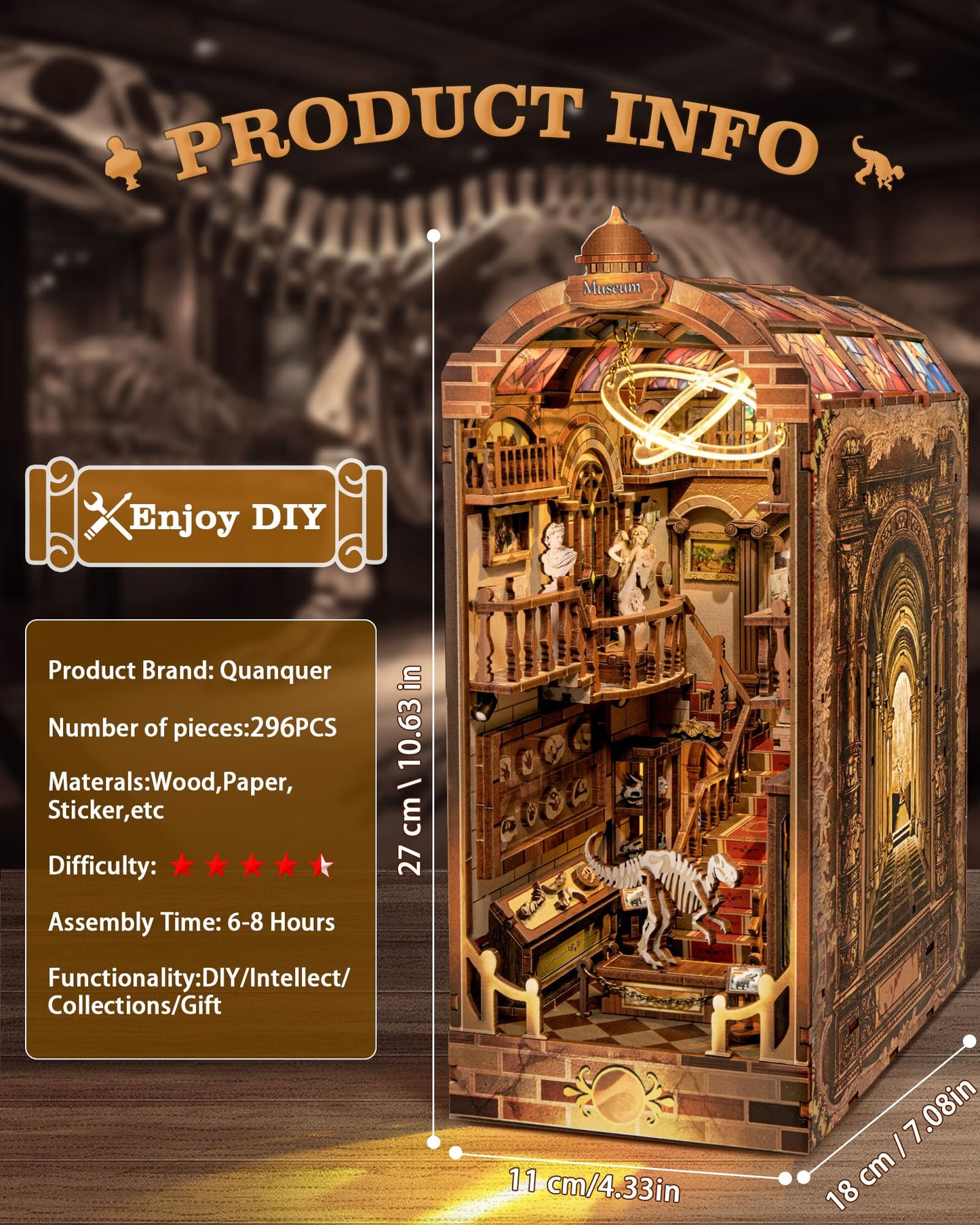 Quanquer DIY Book Nook Kit： DIY Dollhouse Booknook with LED Light - 3D Wooden Puzzle Miniature House Kits - DIY Crafts for Adults - Bookshelf Insert Decor - Gifts Family & Friends(Museum)