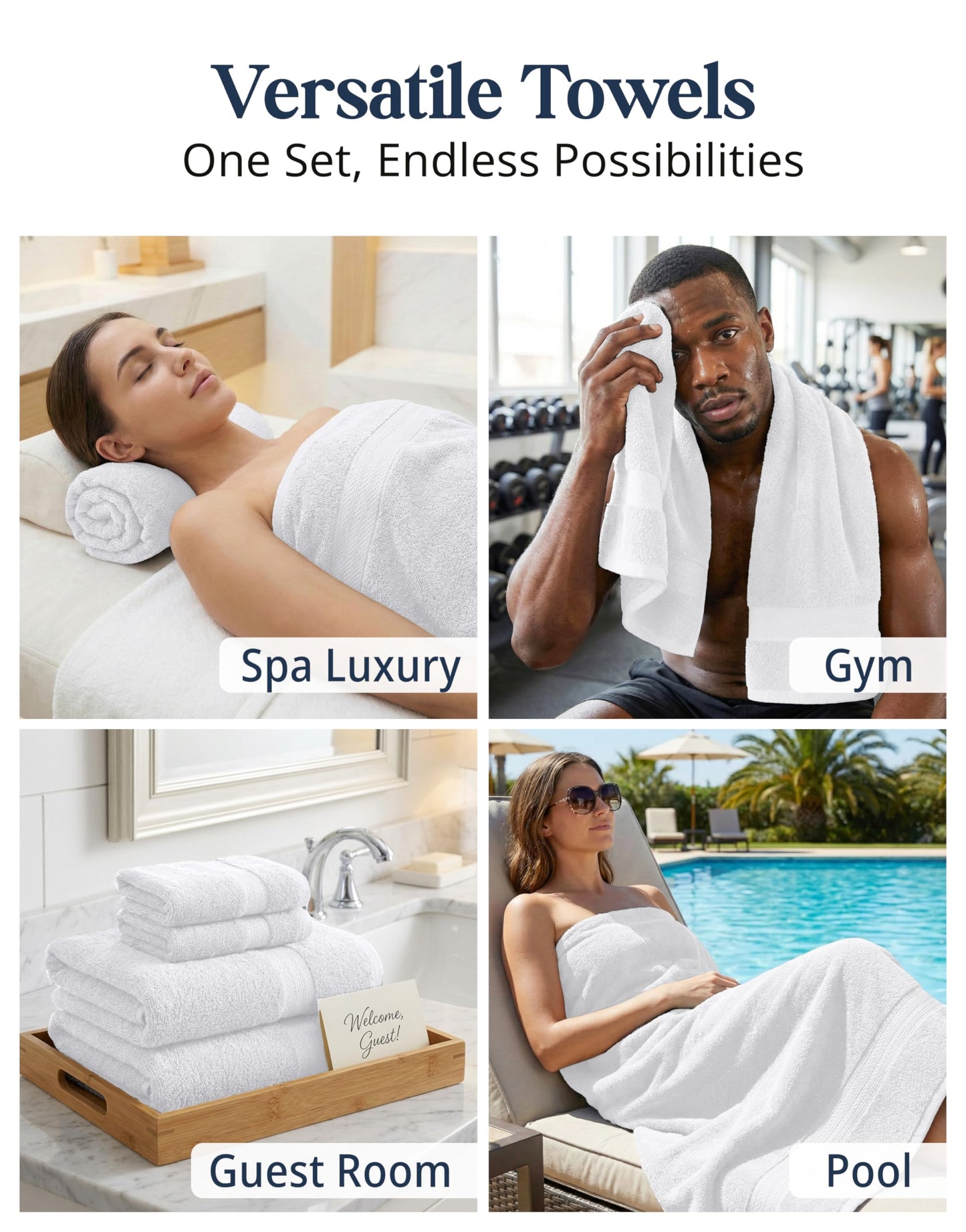 White Bath Towels for Bathroom Set-100% Cotton 6 PC Bathroom Towels, Super Soft Hotel Collection Bath Towels Set - 2 Bath Towel Set, 2 Hand Towel, 2 White Washcloths - White Towels Bathroom Sets