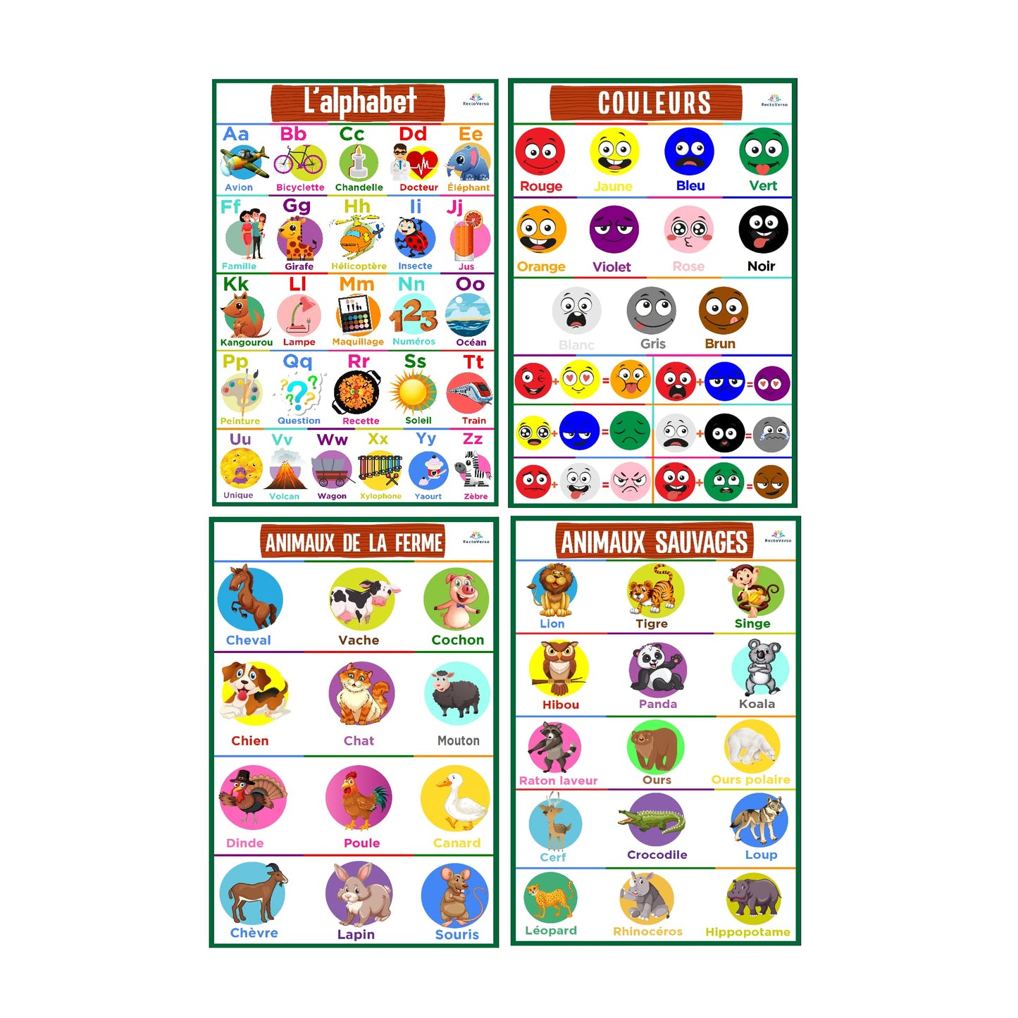 Recto Verso | 18 [36 total] English/French Double-Sided Bilingual Educational Preschool Posters for Toddlers & Kids Kindergarten Classroom Homeschool Learning Tool | Alphabet, Numbers & more